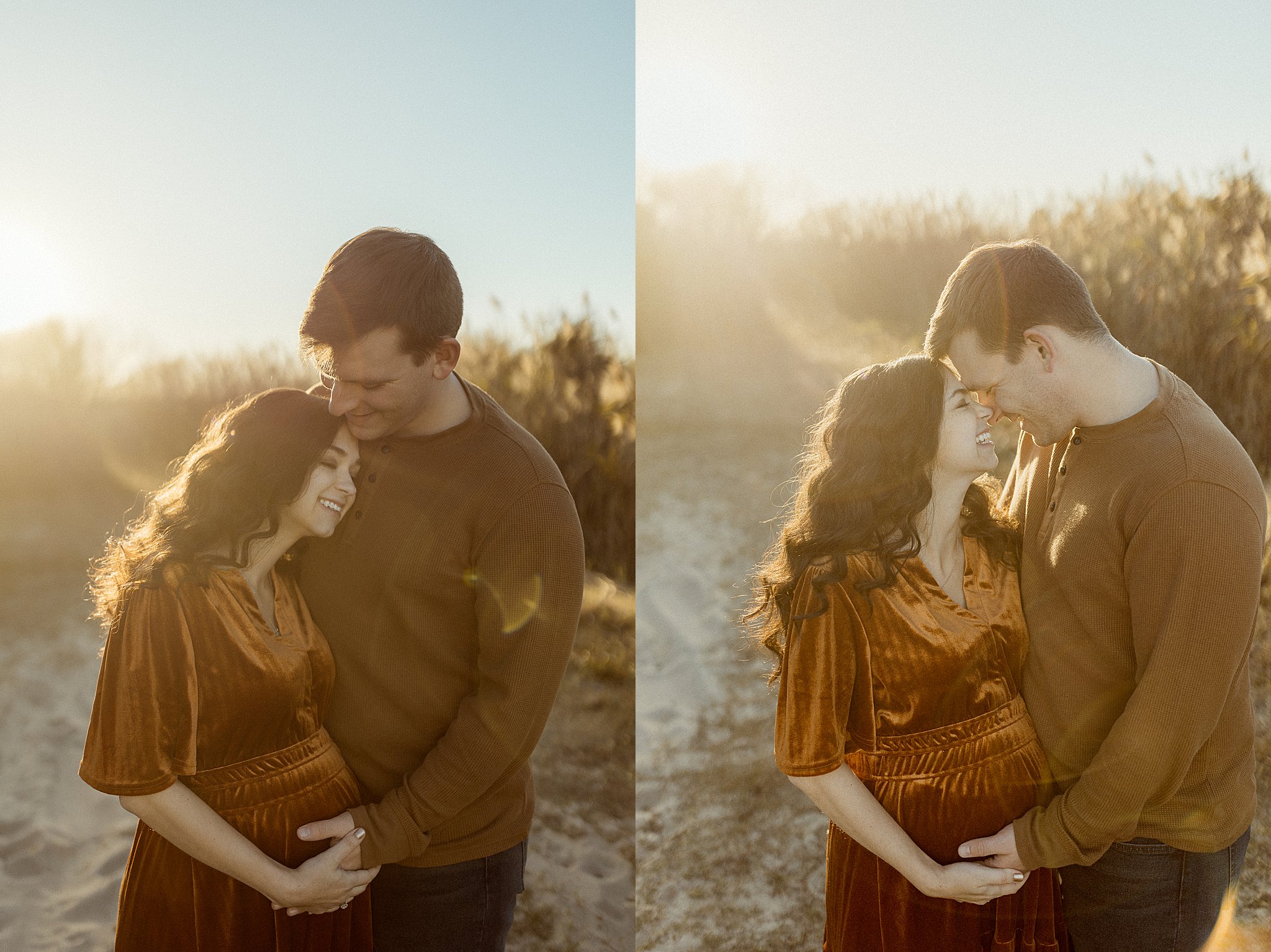 couple leans together to touch foreheads as they hold woman's pregnant belly by Nikki Meer Photography