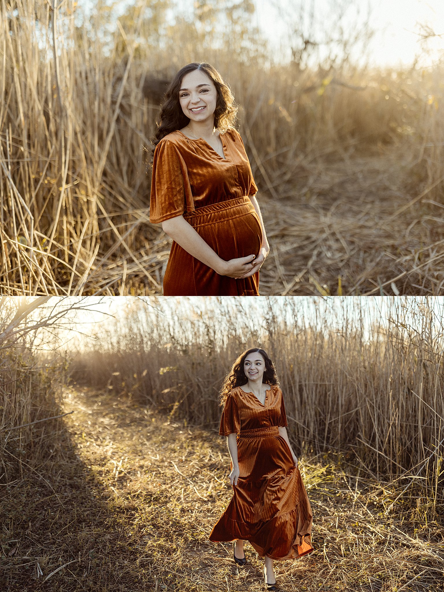 mom-to-be walks down path holding dress during Outdoor Maternity Session
