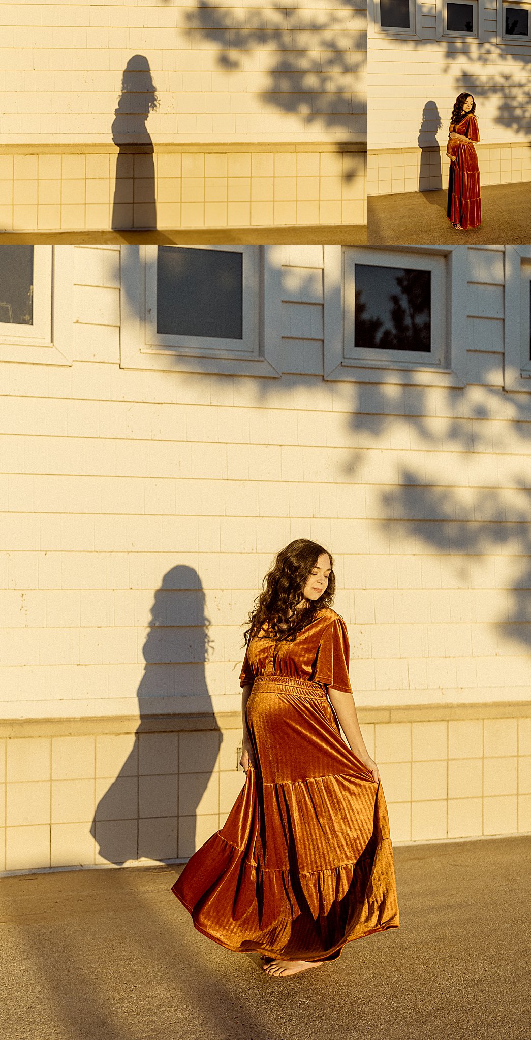 mom to be casts shadow of baby bump on building during Outdoor Maternity Session