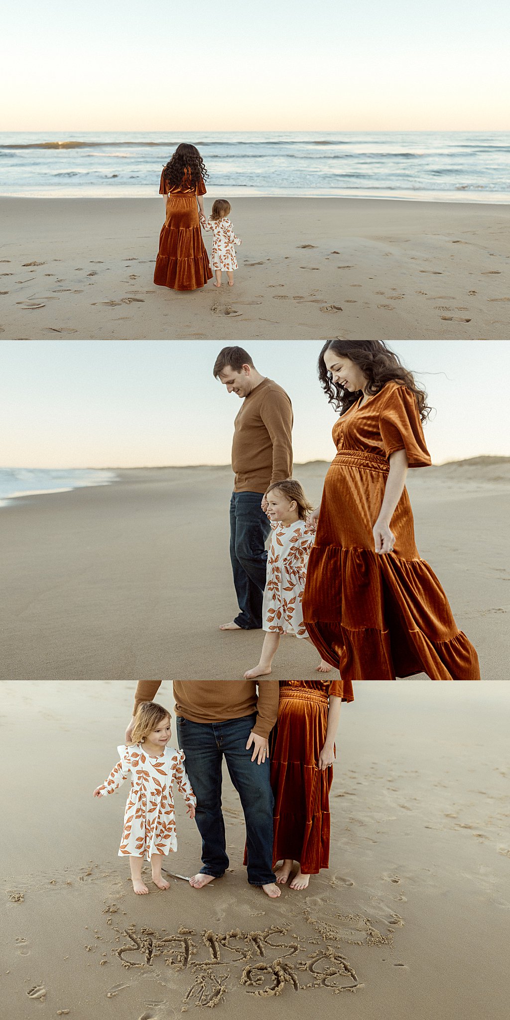 family walks together holding hands on sand by Virginia Beach Photographer 