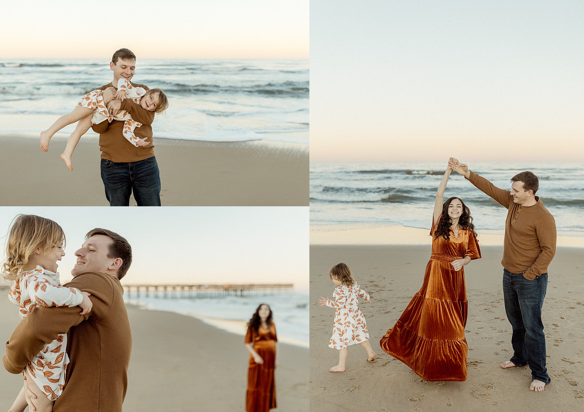 parents dance together on sand as child plays by Nikki Meer Photography