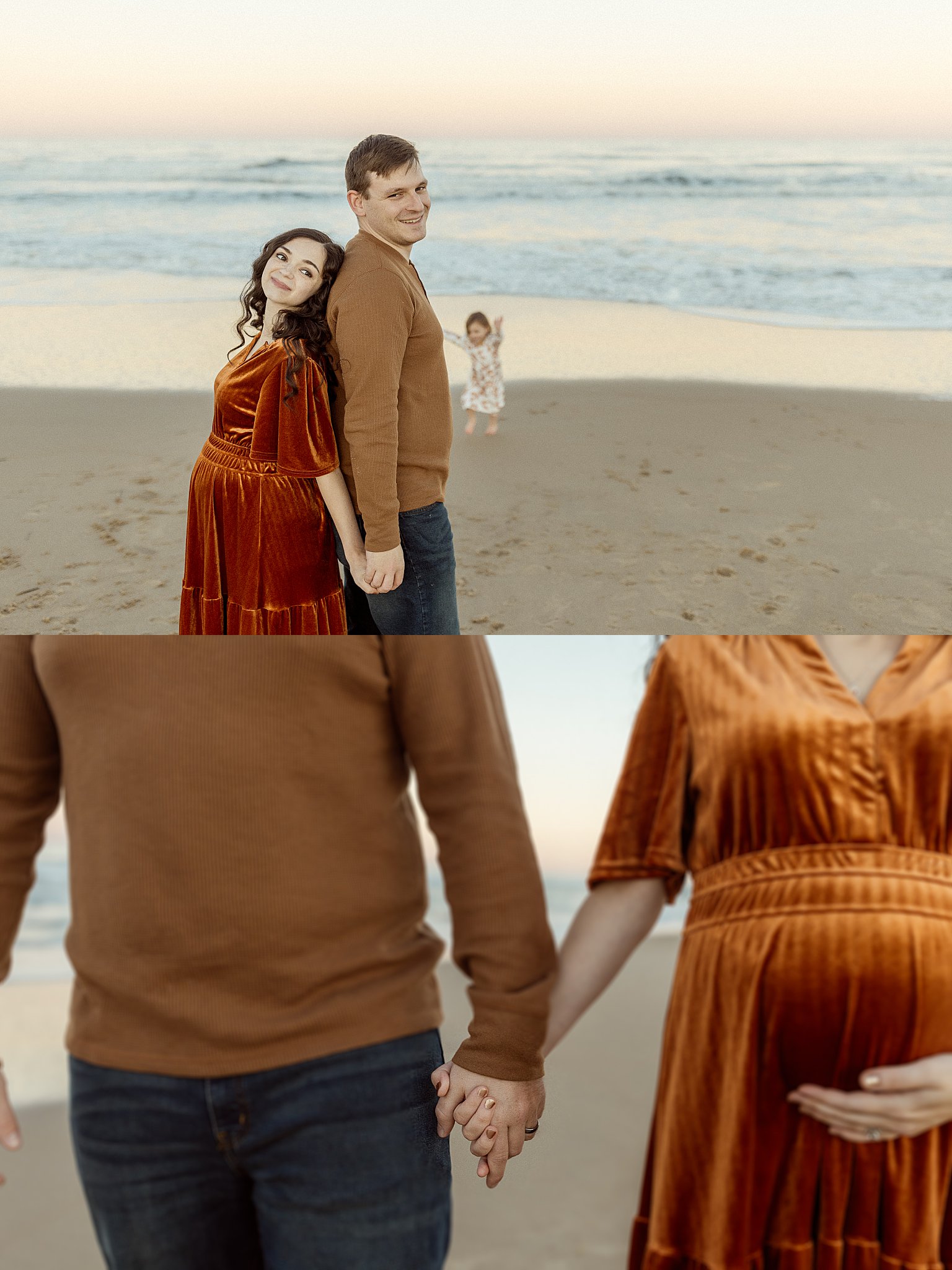 couple holds hands on beach during Outdoor Maternity Session