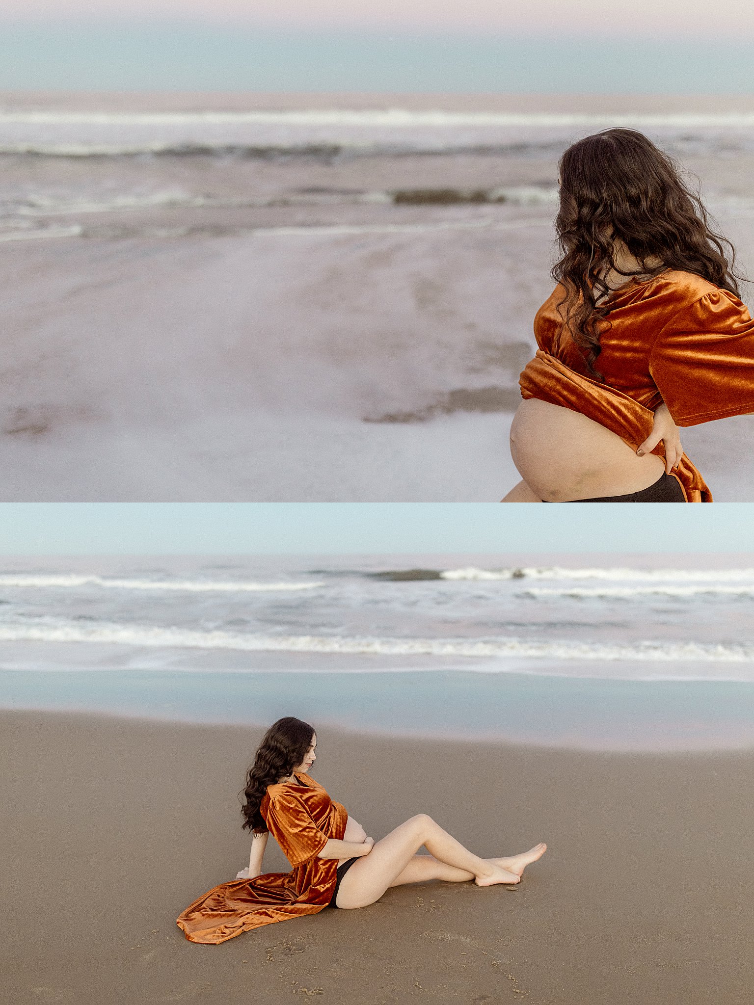 woman shows off pregnant belly as waves break by Virginia Beach Photographer 