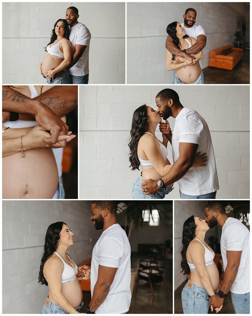 man wraps his arms around his wife and kisses her during Studio Muse Maternity Session