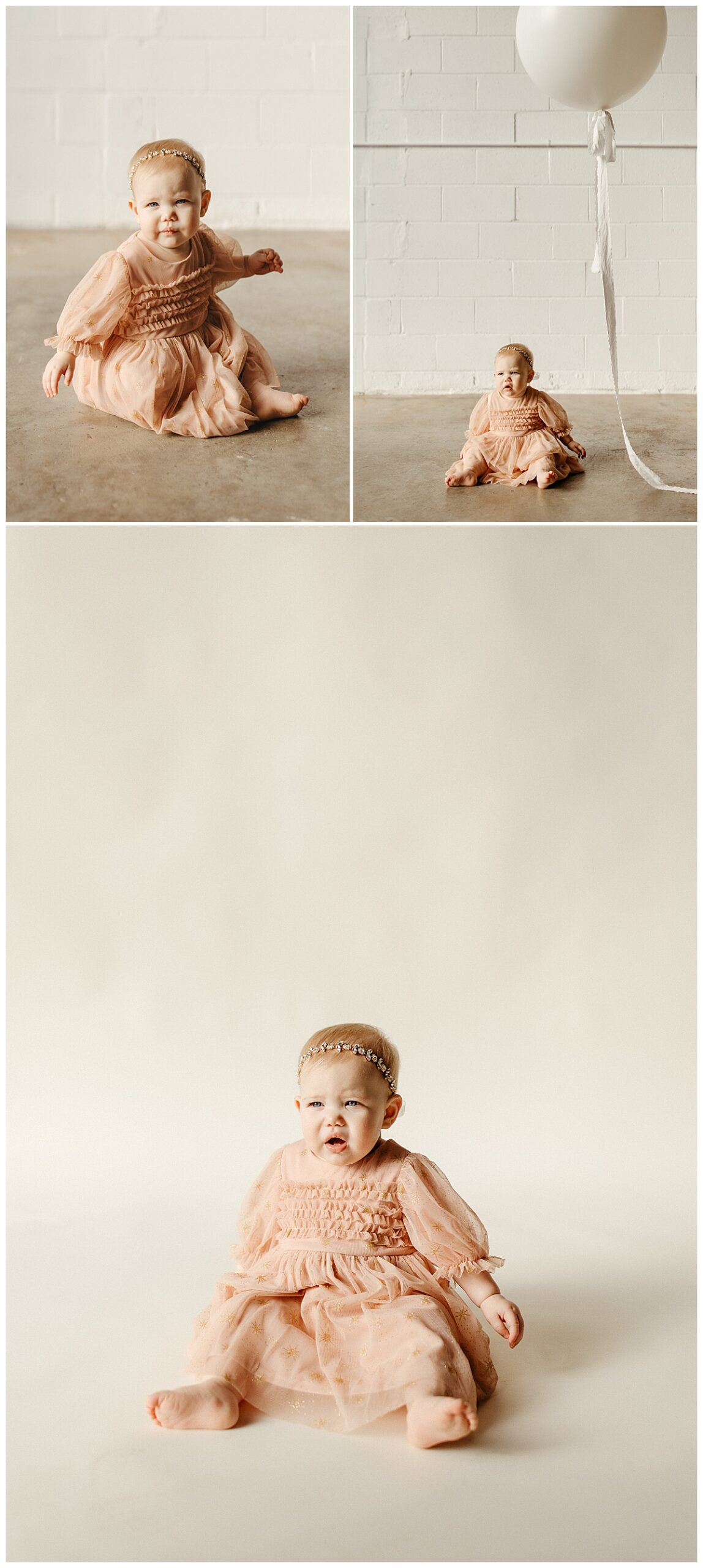 toddler sits next to large white balloon by Virginia Beach photographer
