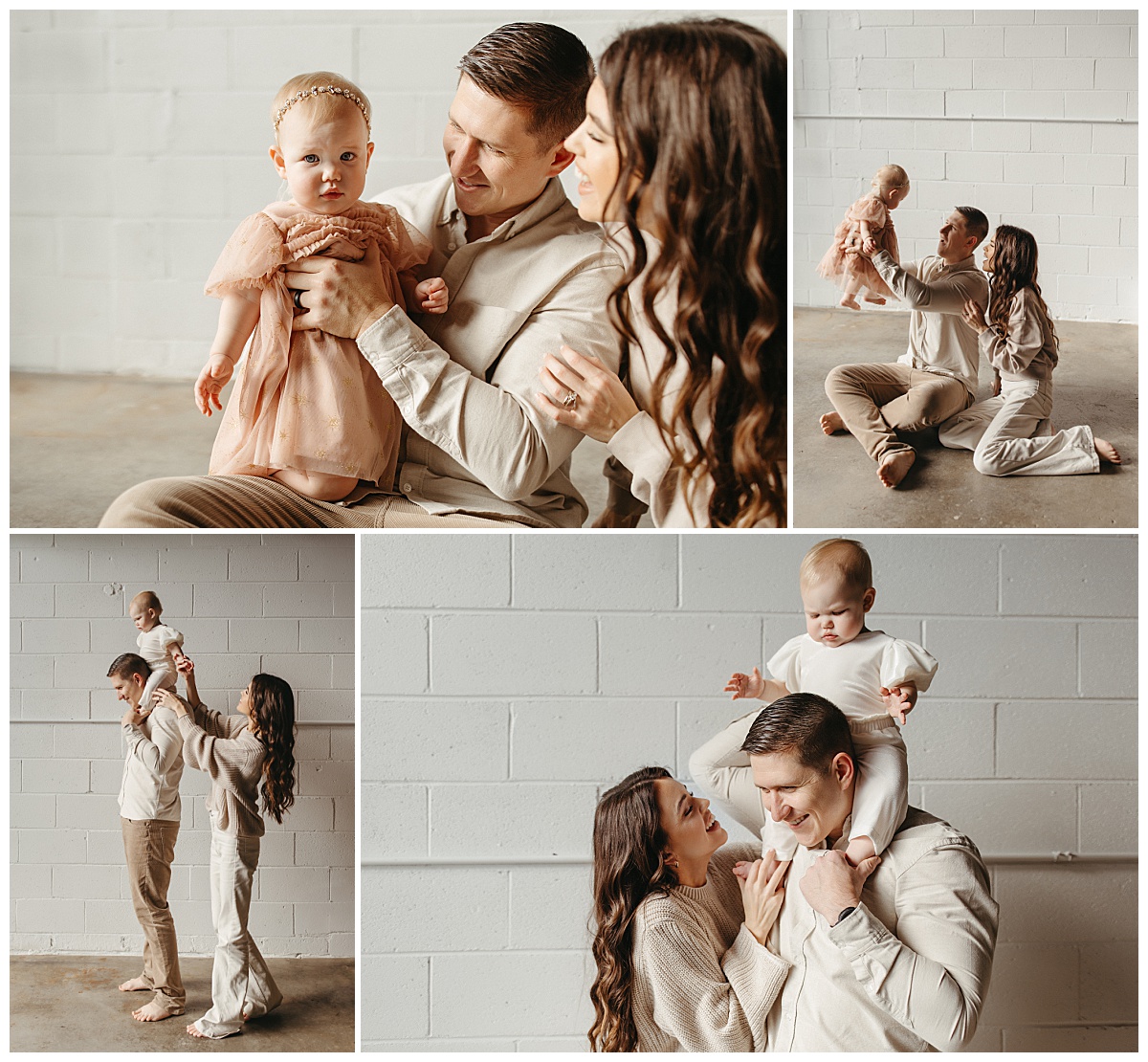 parents hold their daughter in the air during milestone family session 