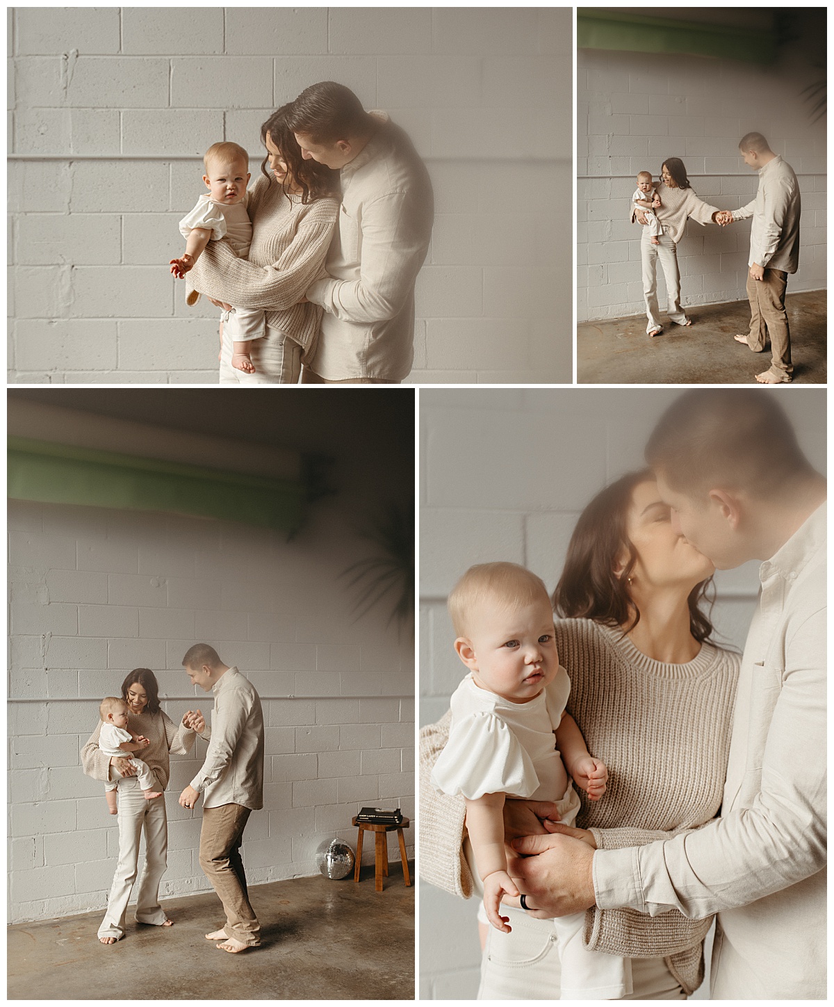 parents kiss as mom holds baby by Virginia Beach photographer