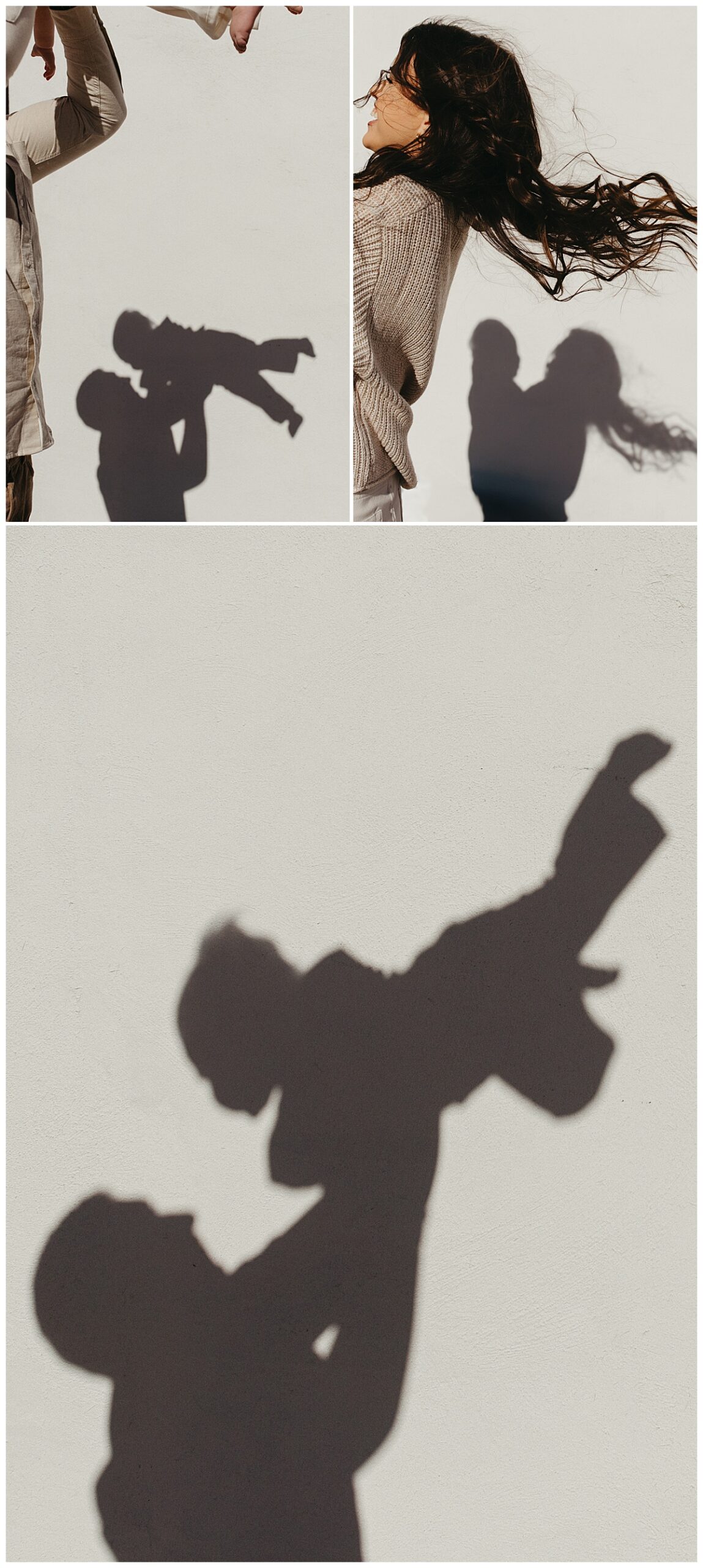 family casts shadows as they spin baby around in air by Nikki Meer Photography
