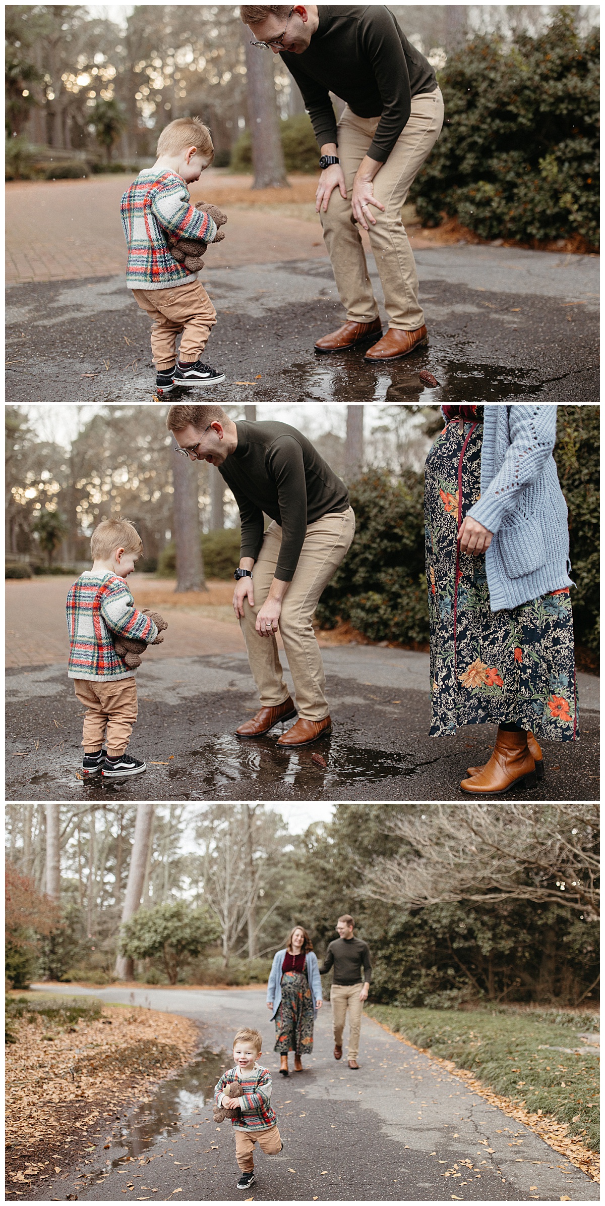 dad jumps in puddle with toddler by Nikki Meer Photography