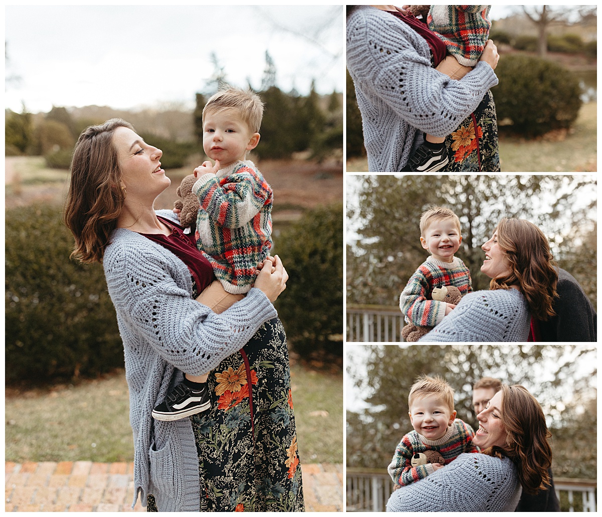 pregnant mom holds toddler as he laughs during Garden Maternity Session
