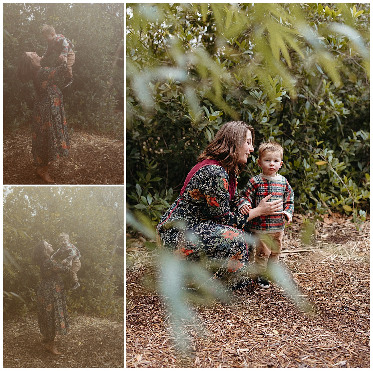 mom plays with son in wooded area by Nikki Meer Photography