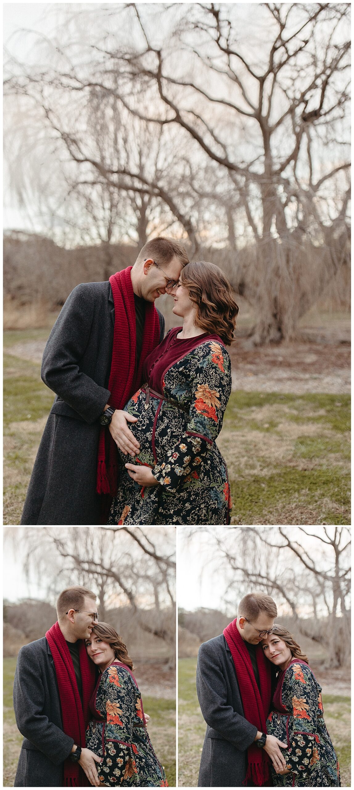 man leans in placing hand on woman's growing belly at Garden Maternity Session