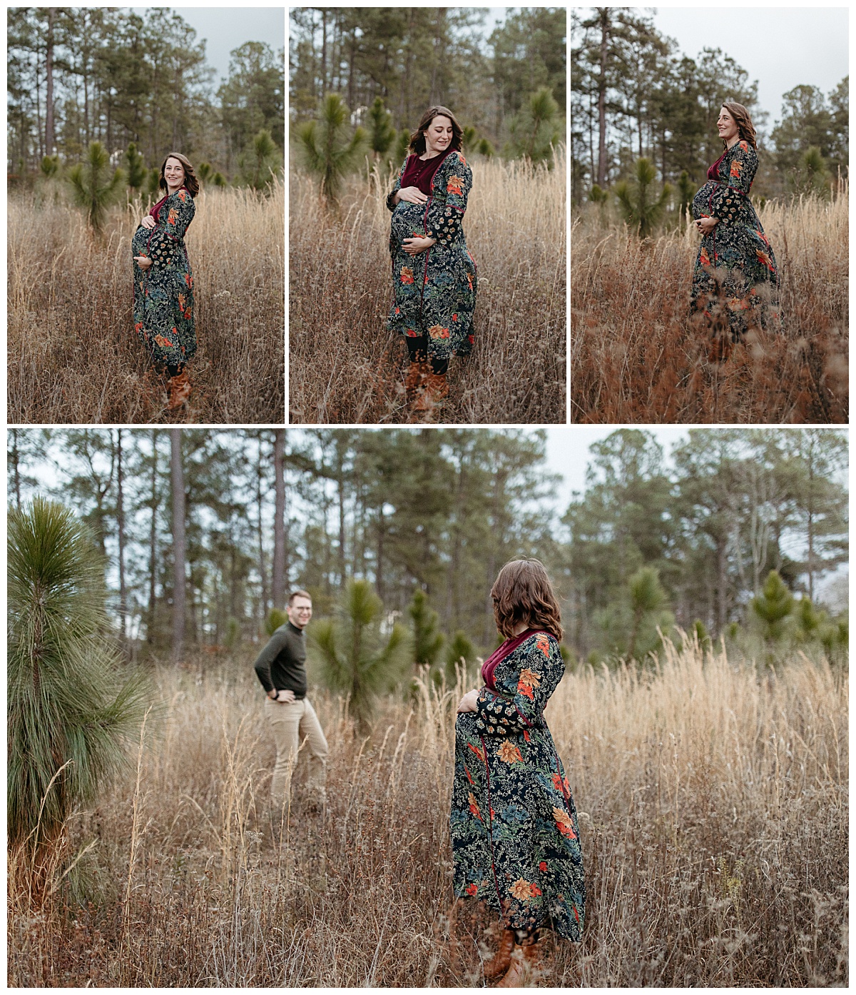 woman holds her belly in a field of tall brown grass during Garden Maternity Session
