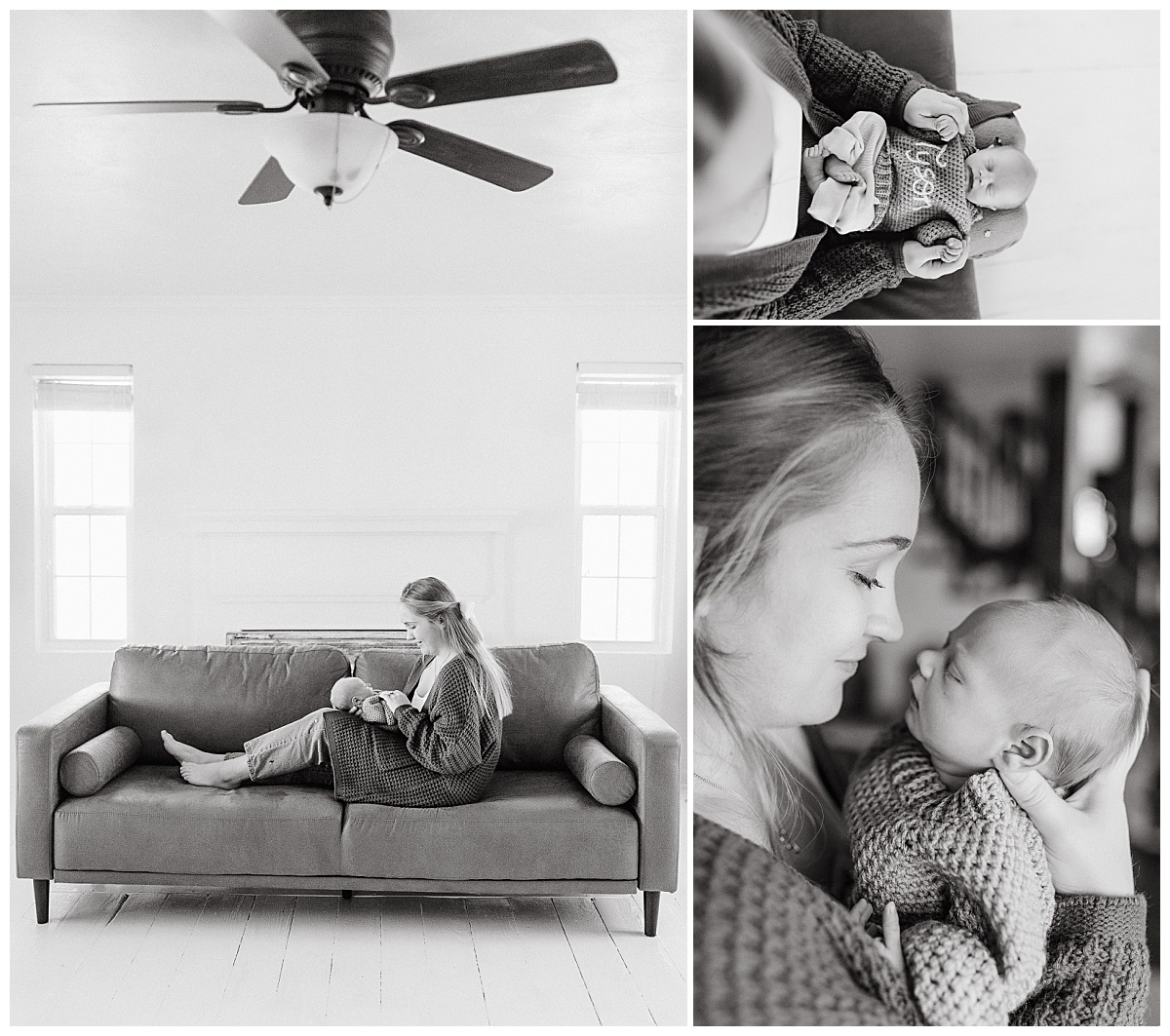 mom sits on couch with new baby at Cohoon Creek House Newborn Session