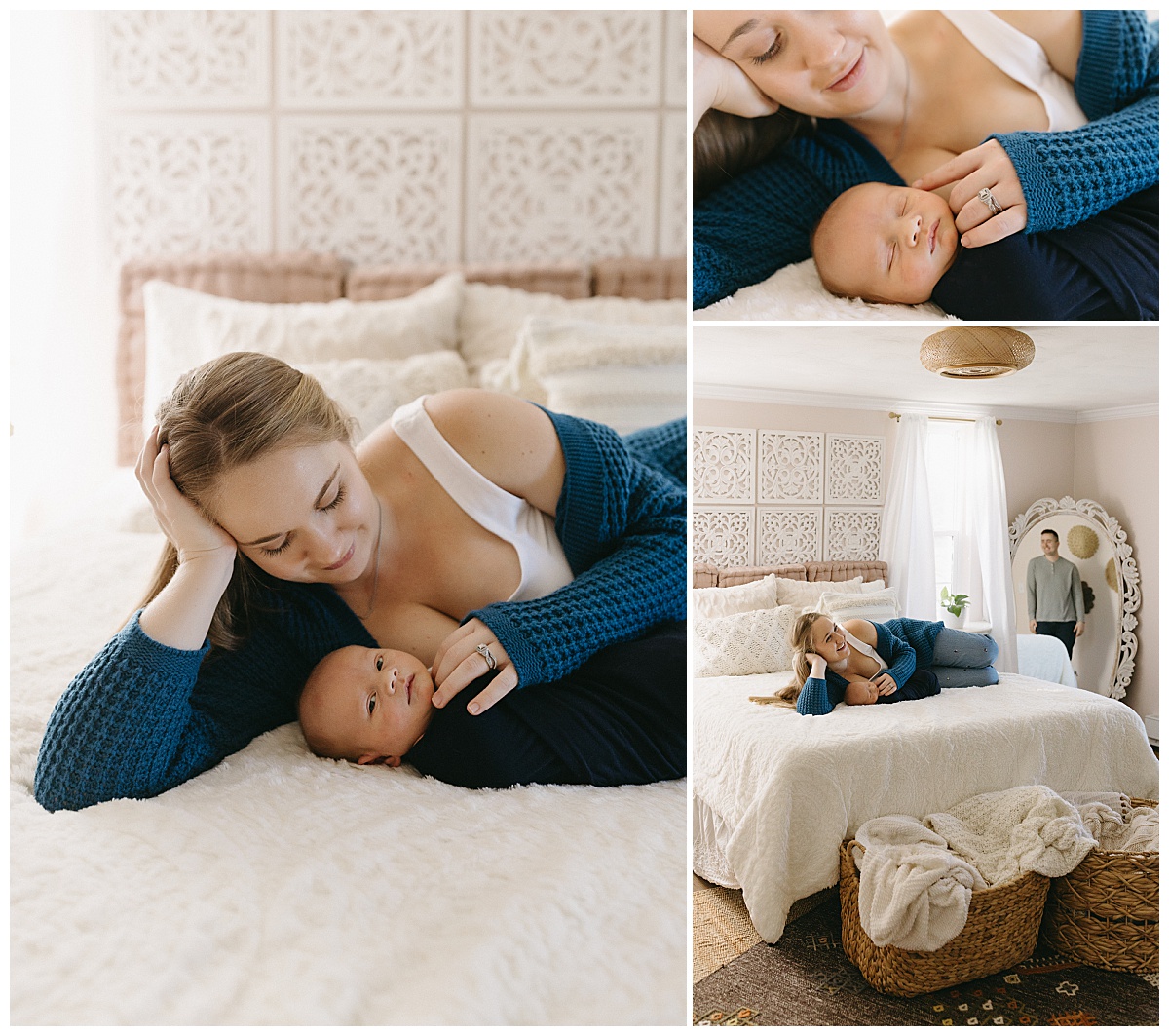 mother lays next to infant on bed by Nikki Meer Photography
