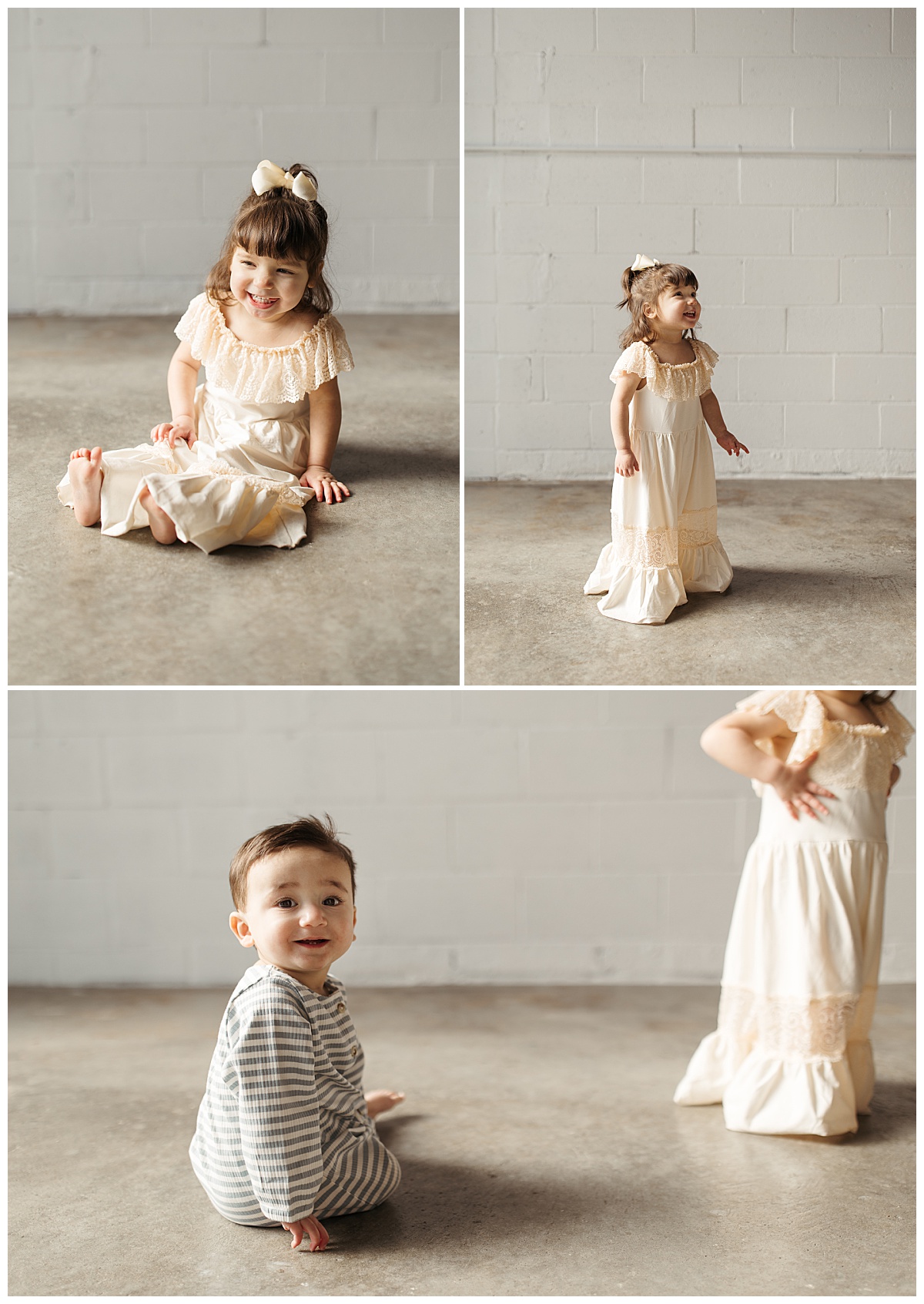 toddler giggles as she sits on the floor during studio family session