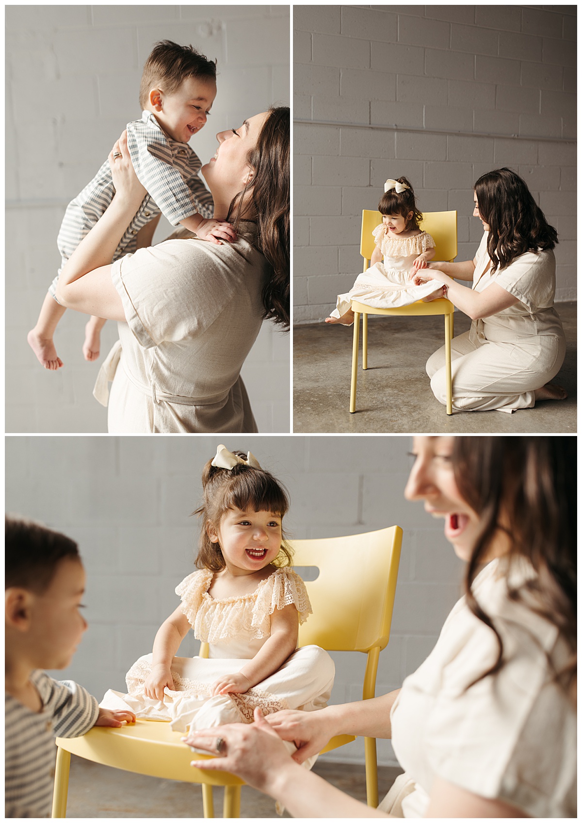 mother kneels next to daughter in yellow chair by Virginia Beach photographer