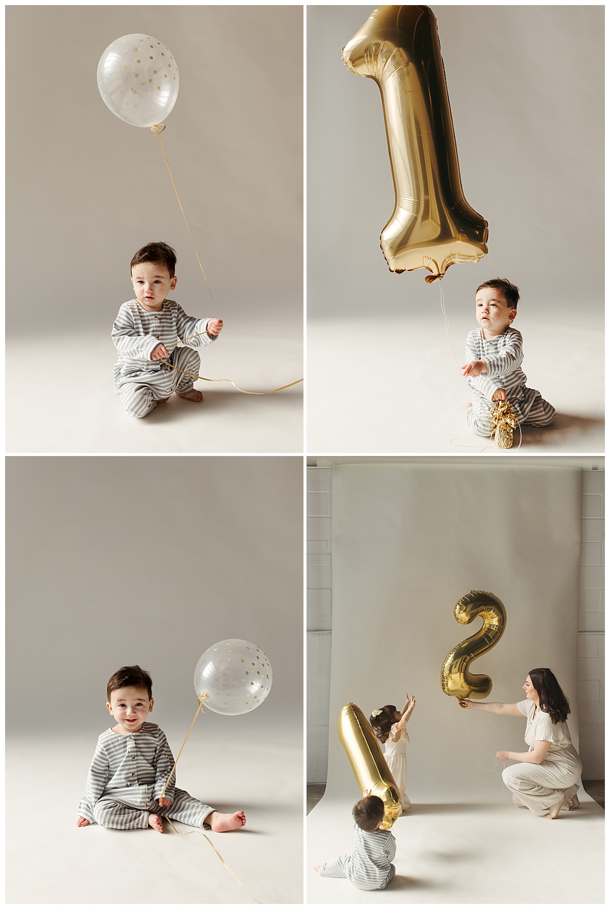 baby boy sits holding balloon to celebrate his first birthday by Virginia Beach photographer