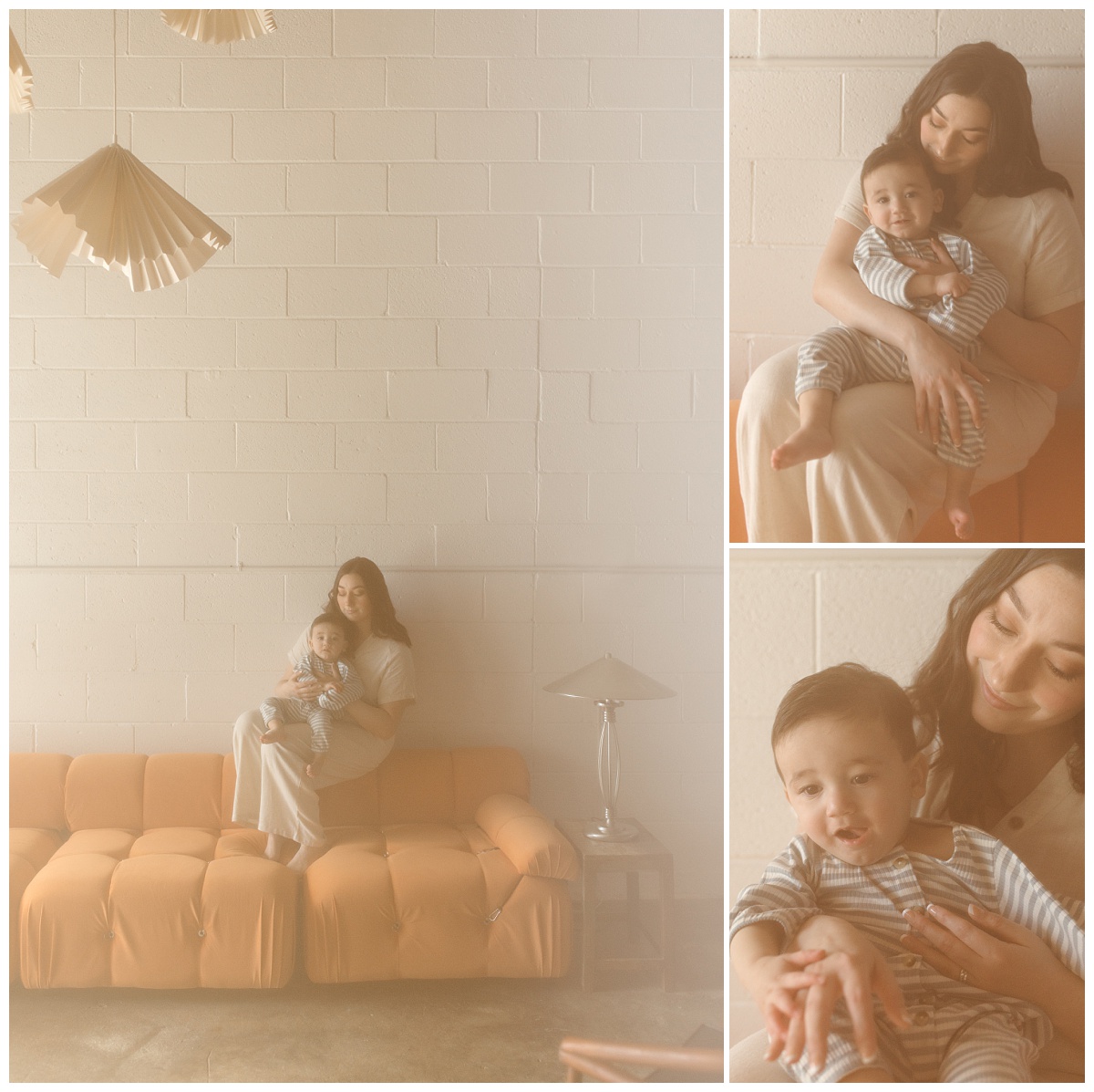 woman holds baby on orange couch by Virginia Beach photographer