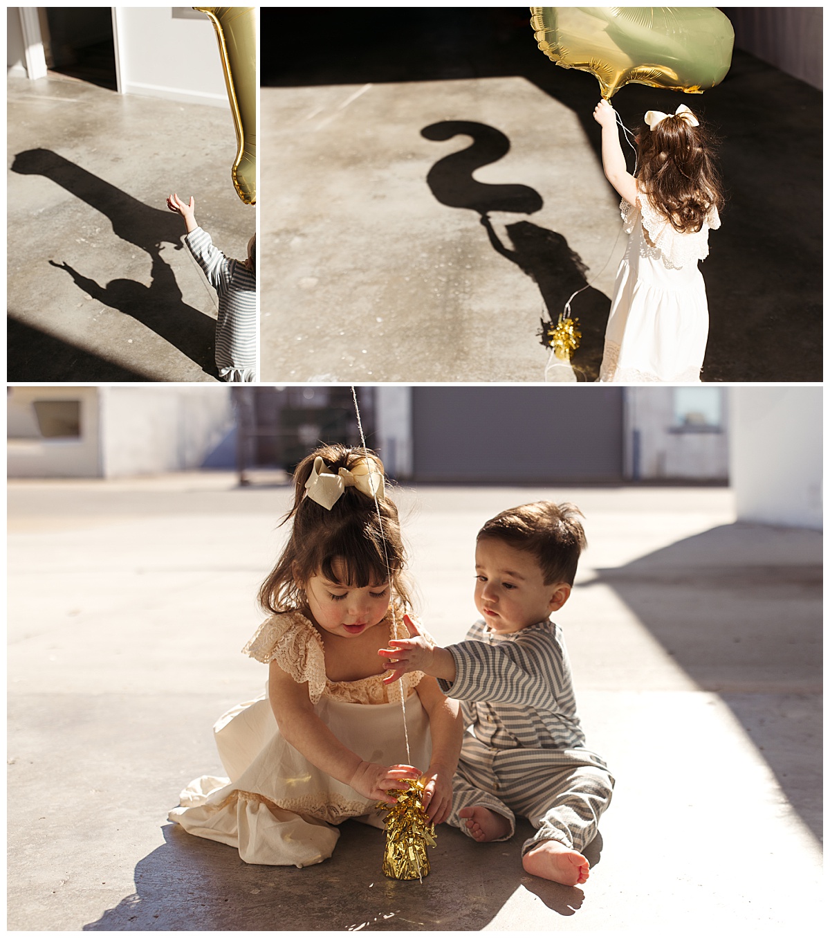 children hold balloons casting shadows on the pavement by Virginia Beach photographer