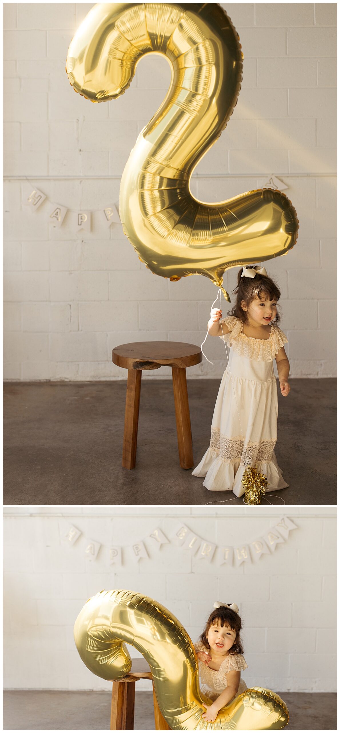 toddler holds a gold foil number 2 balloon at studio family session