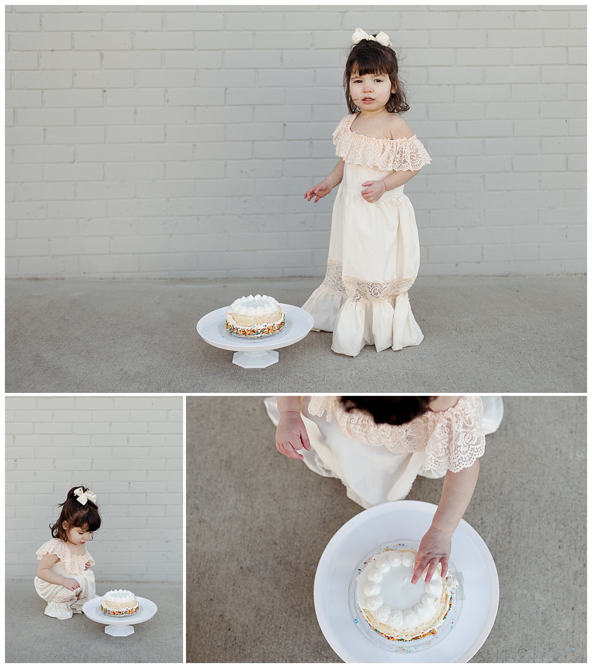 toddler girl stands near cake stand and gently touches frosting on cake by Virginia Beach photographer