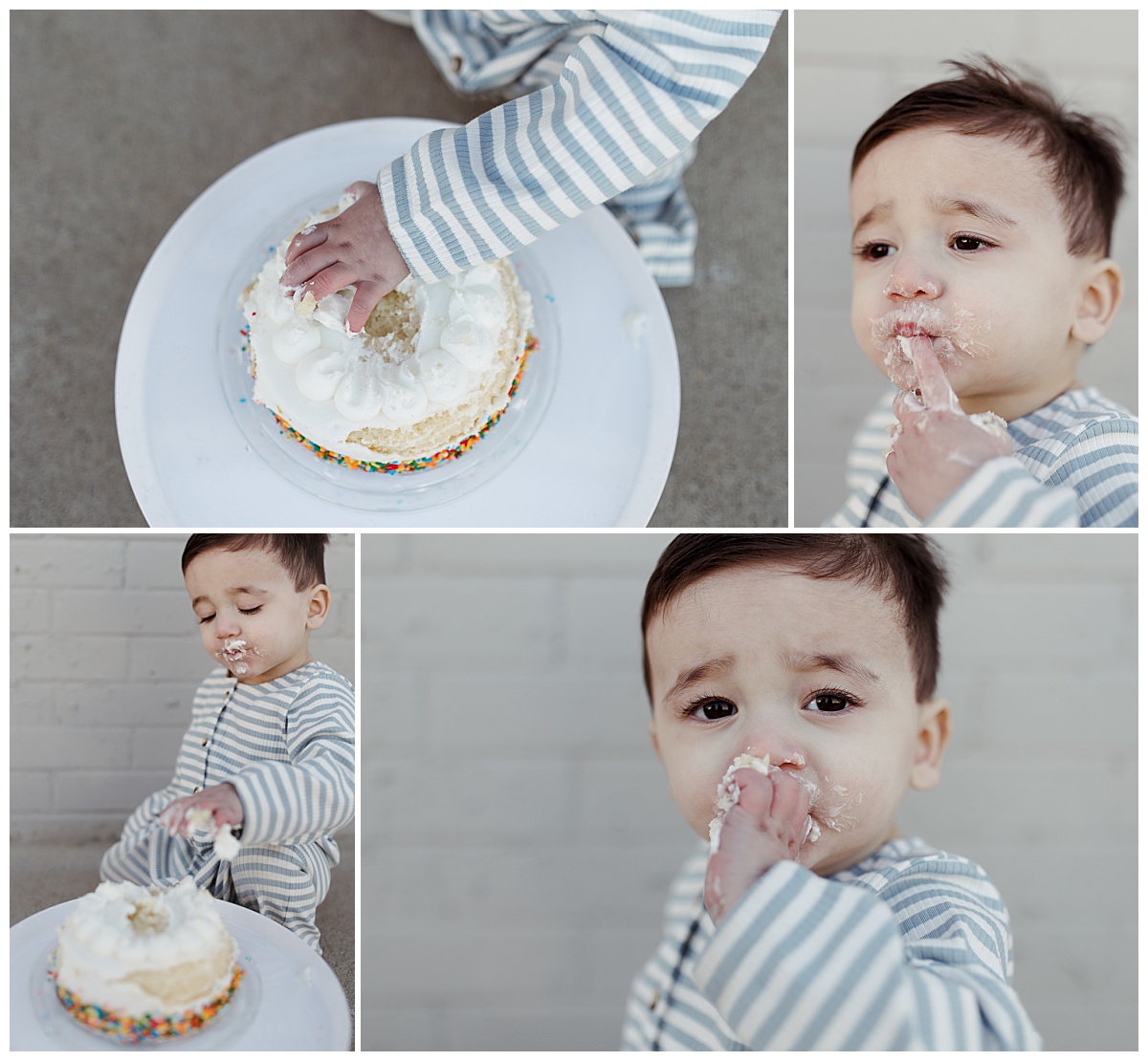 boy eats a smash cake sitting on the floor during studio family session
