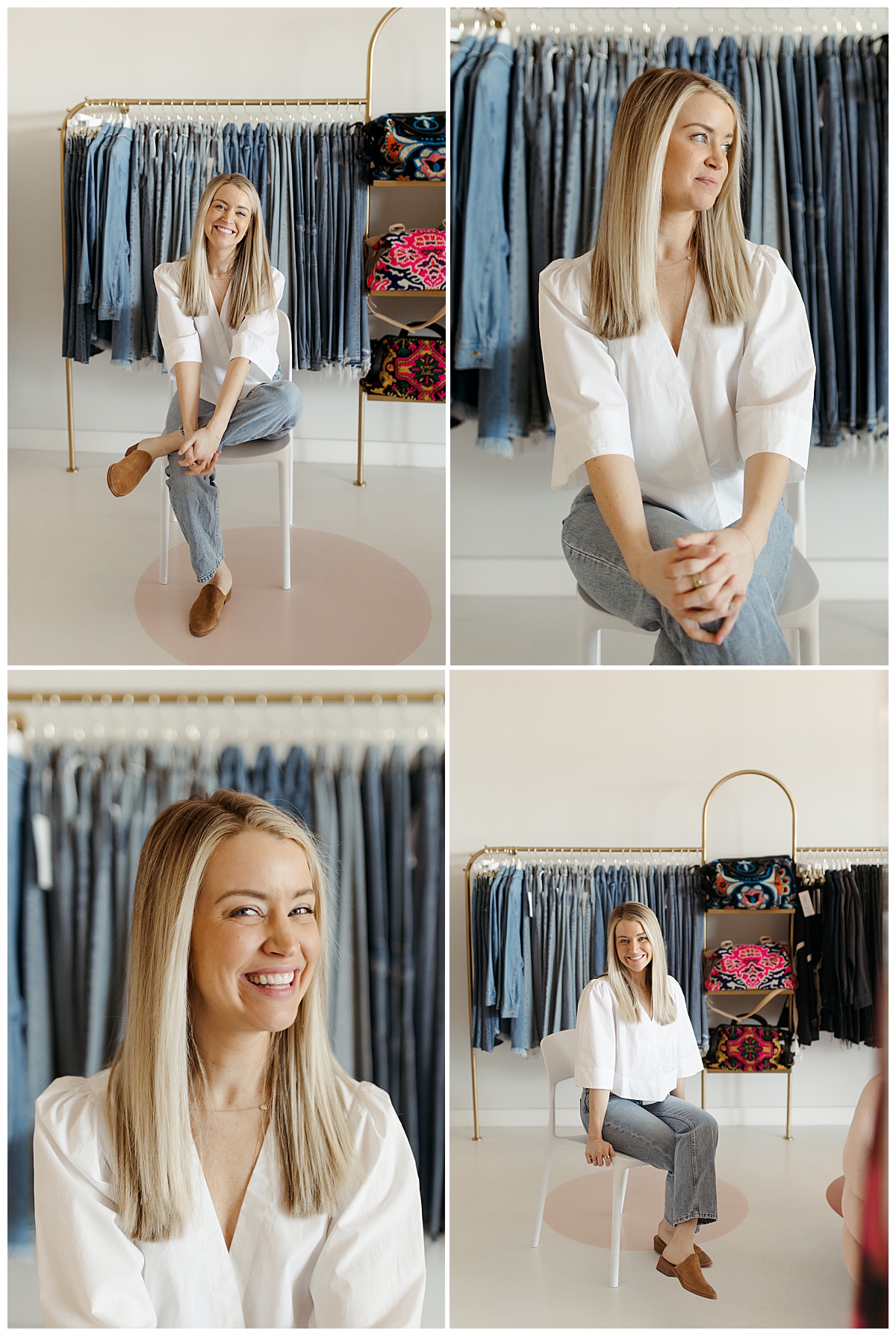 entrepreneur smiles in front of a rack of jeans by Virginia Beach Photographer