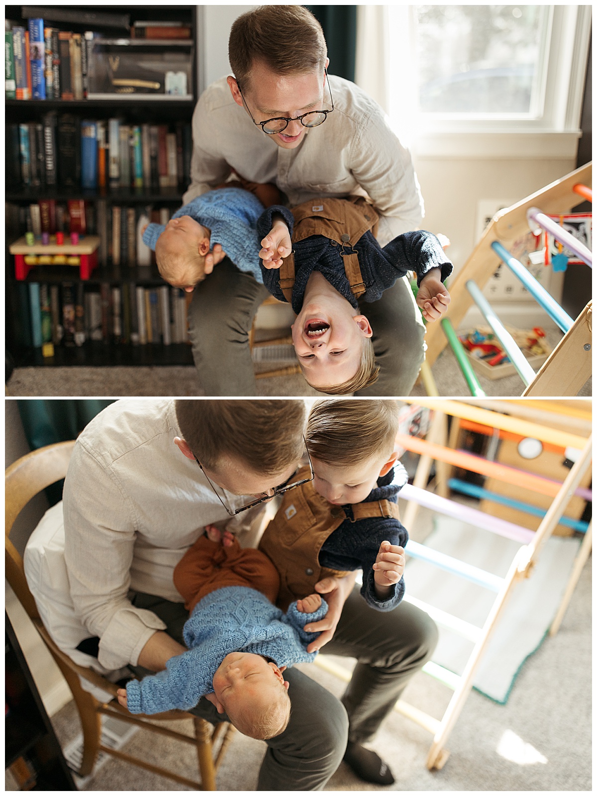 dad plays with sons during Heartwarming In-Home Newborn Session