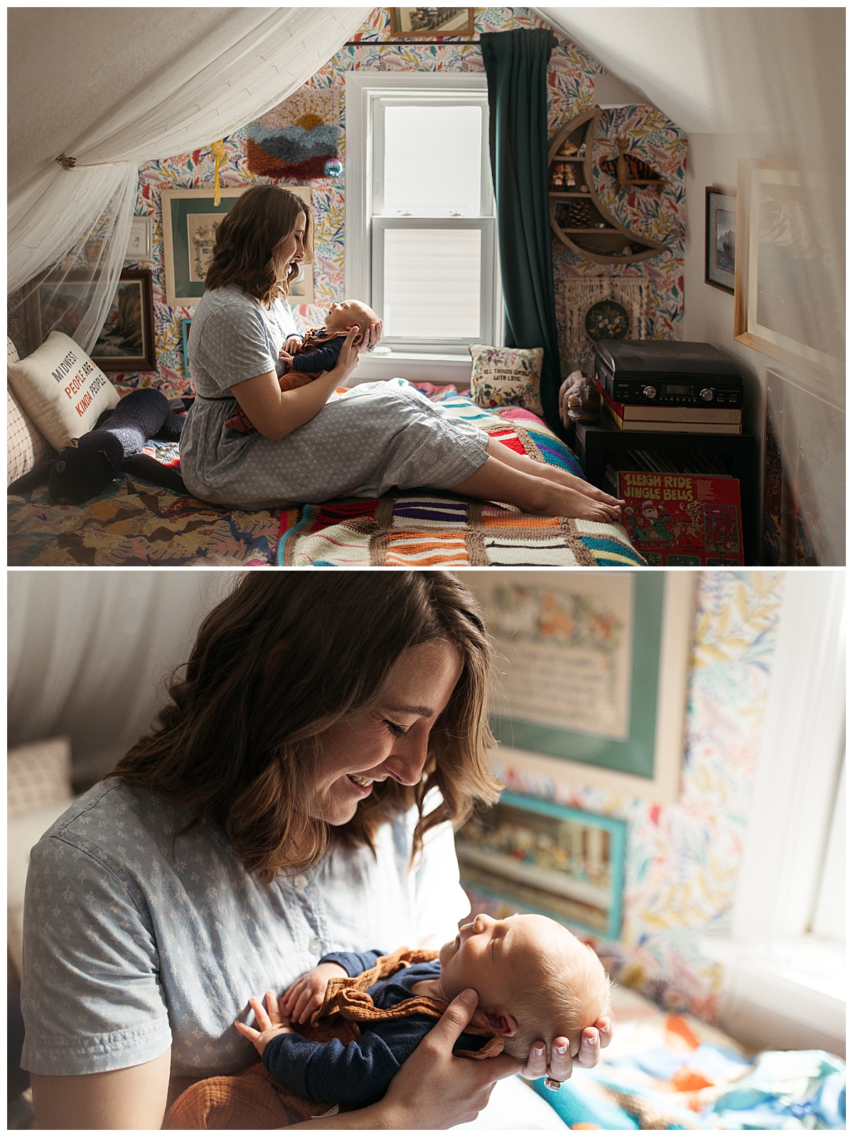 mother holds infant in her lap in colorful corner during Heartwarming In-Home Newborn Session