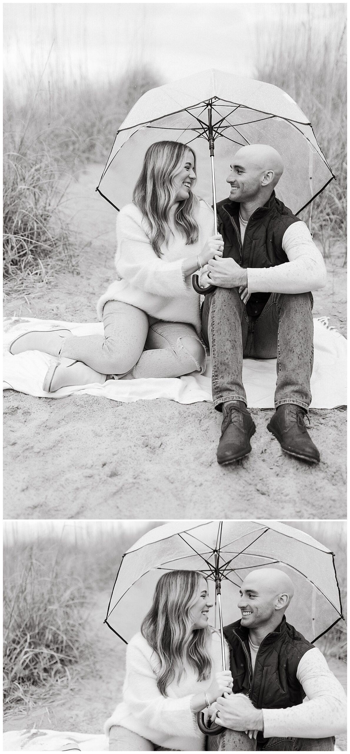 mom and dad to be smile at each other under umbrella by Nikki Meer Photography