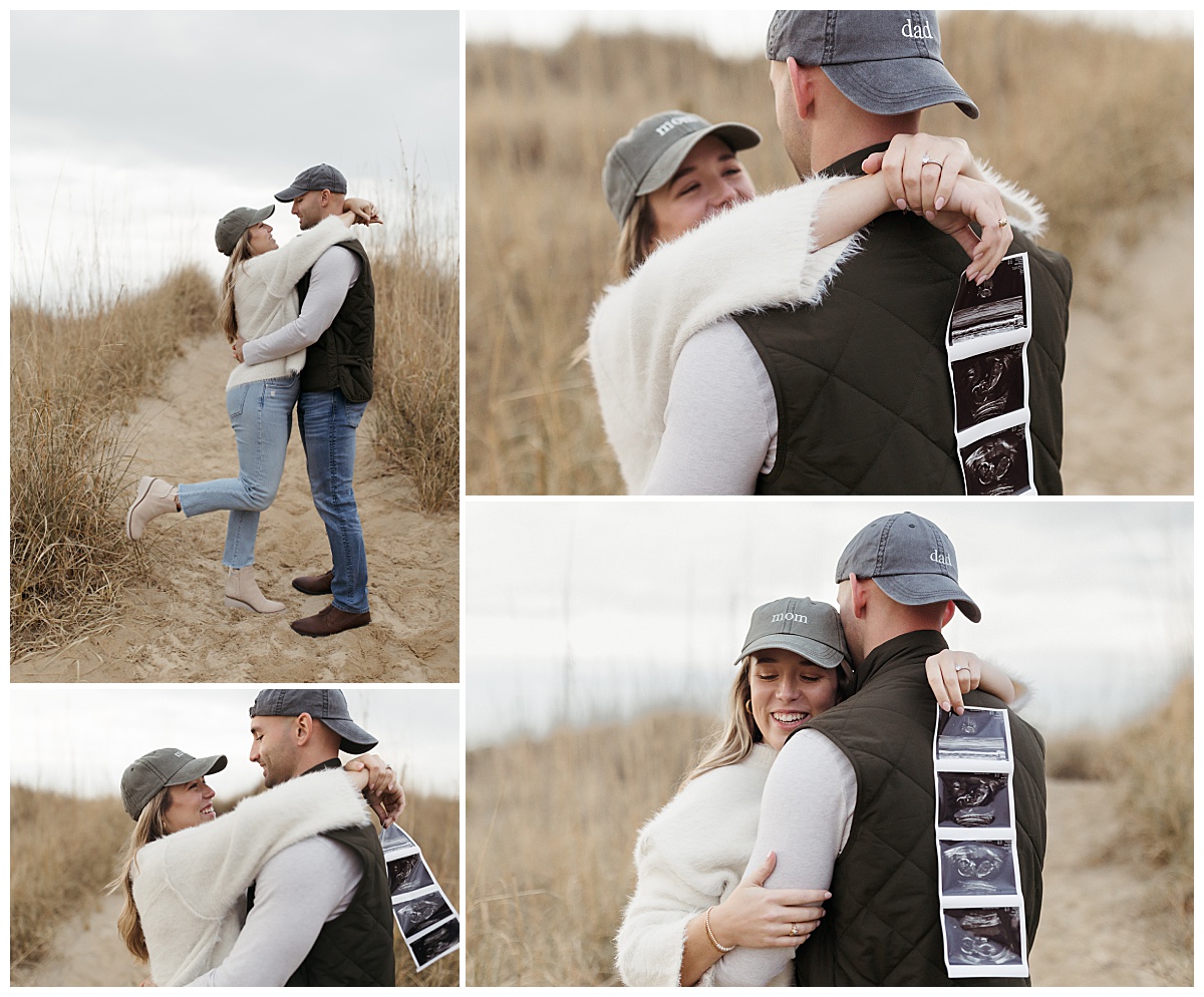 woman hugs man as she holds ultrasound images in her hand during pregnancy announcement session