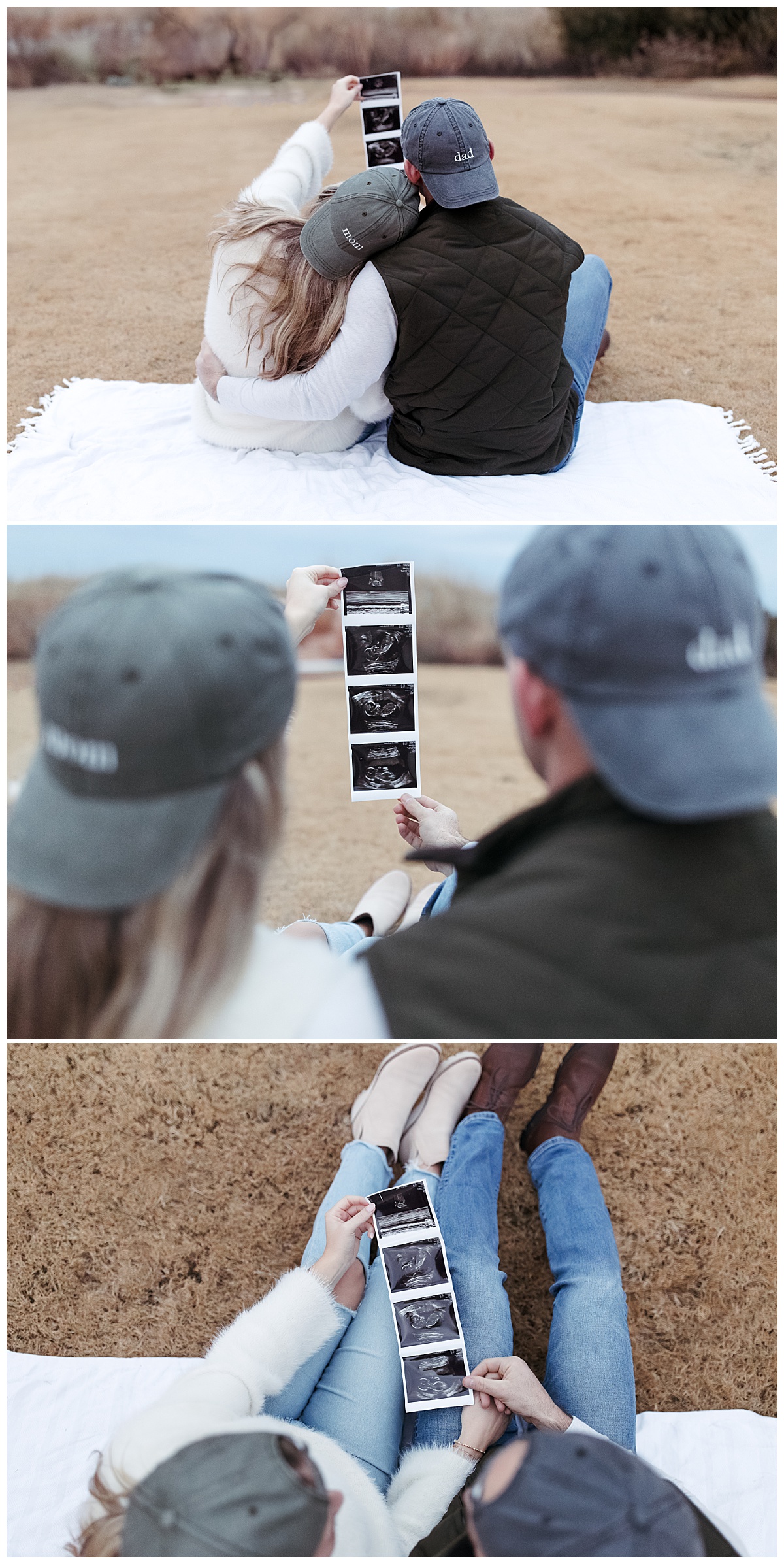 woman leans on man's shoulder as they sit on blanket wearing mom and dad hats during pregnancy announcement session