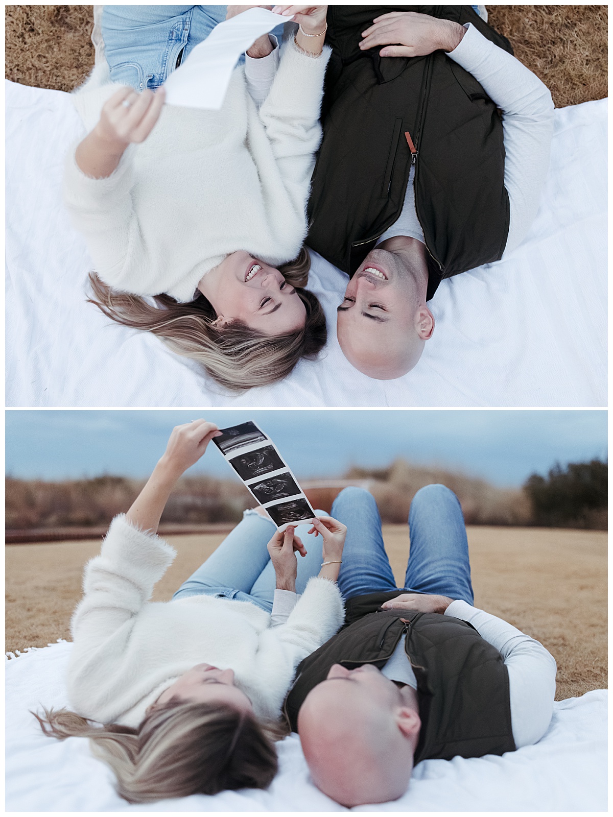 couple lays on white blanket together by Virginia Beach photographer
