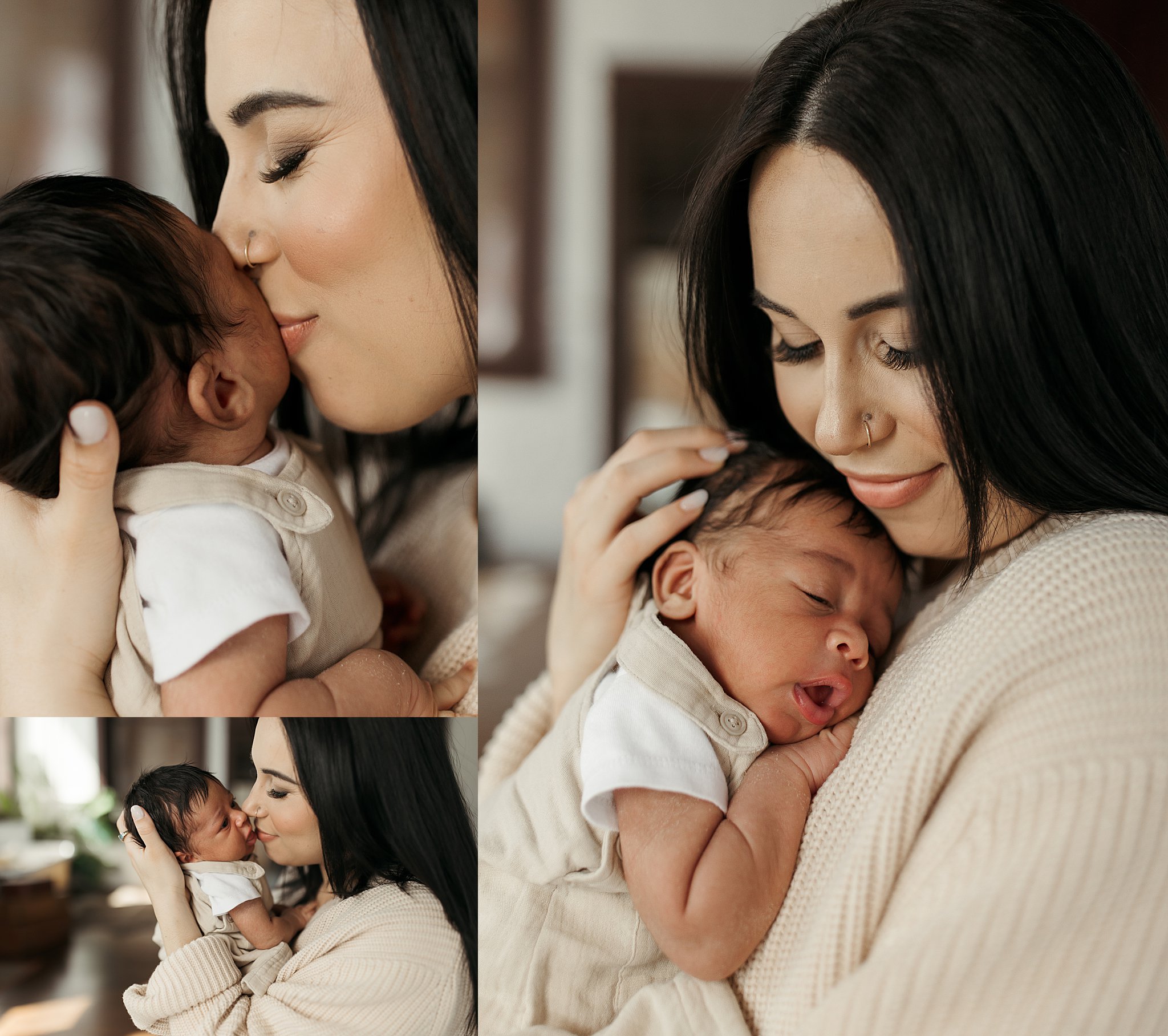 new mom snuggles and kisses her son during studio newborn session