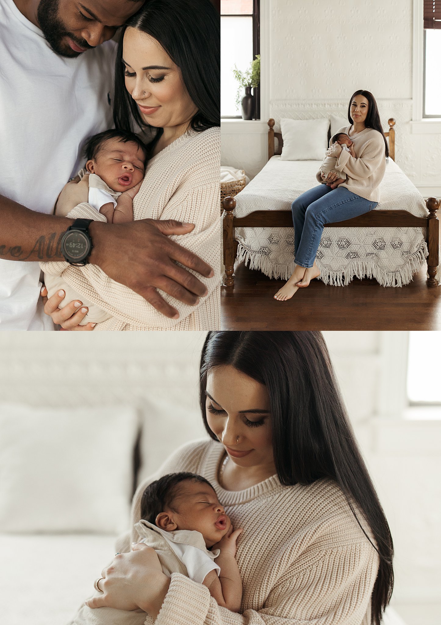 man wraps his arms around woman as she holds son at studio newborn session