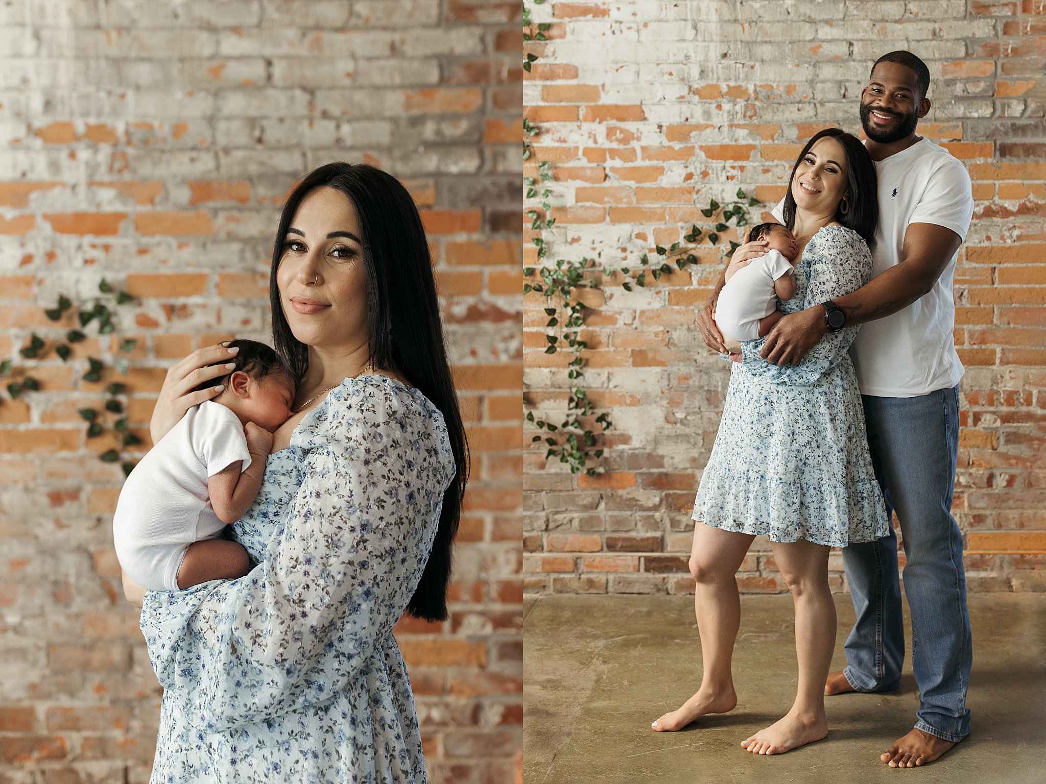 dad wraps his arms around mom as she holds their son during studio newborn session