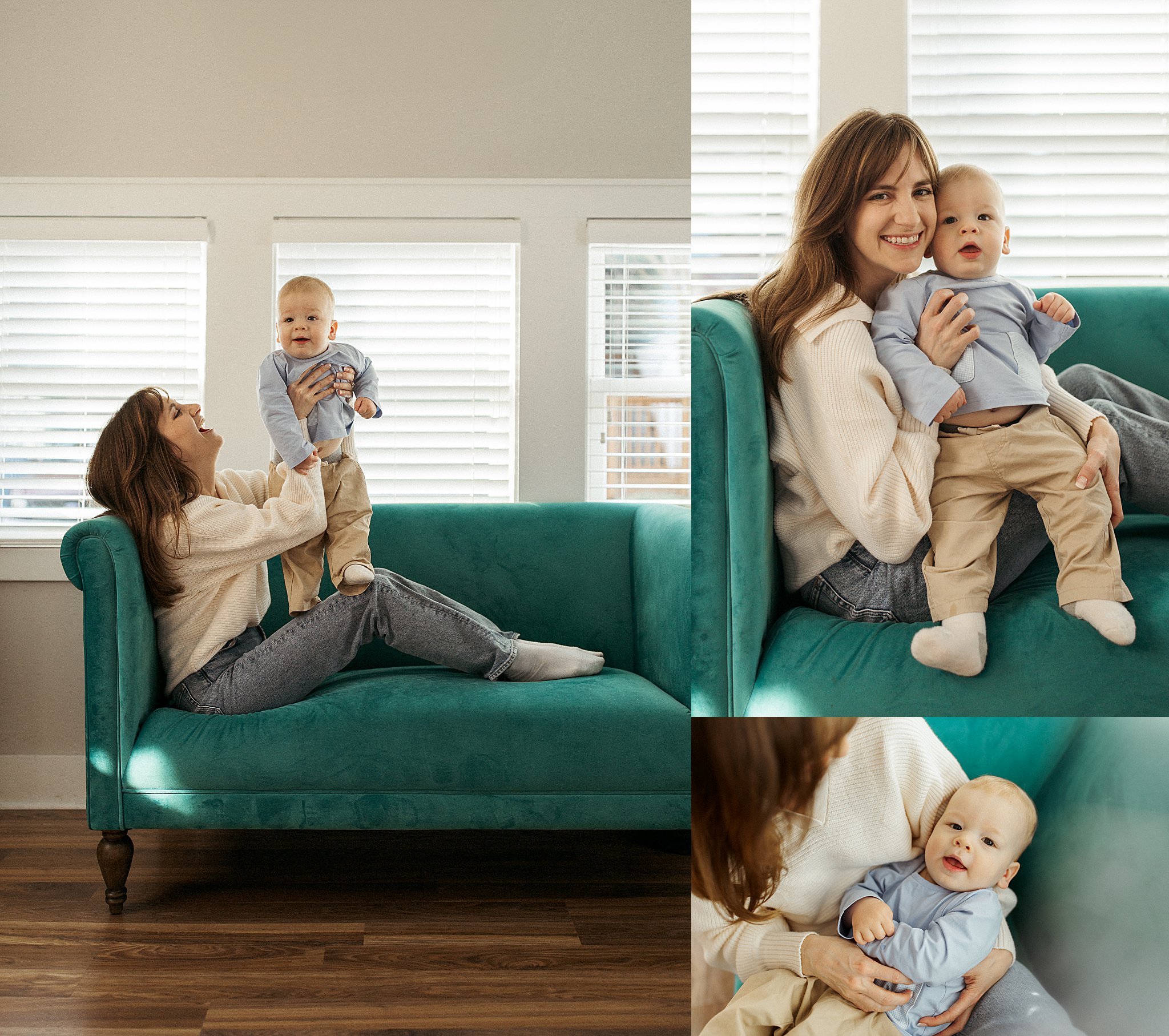 mom snuggles her son on bright couch by Nikki Meer Photography