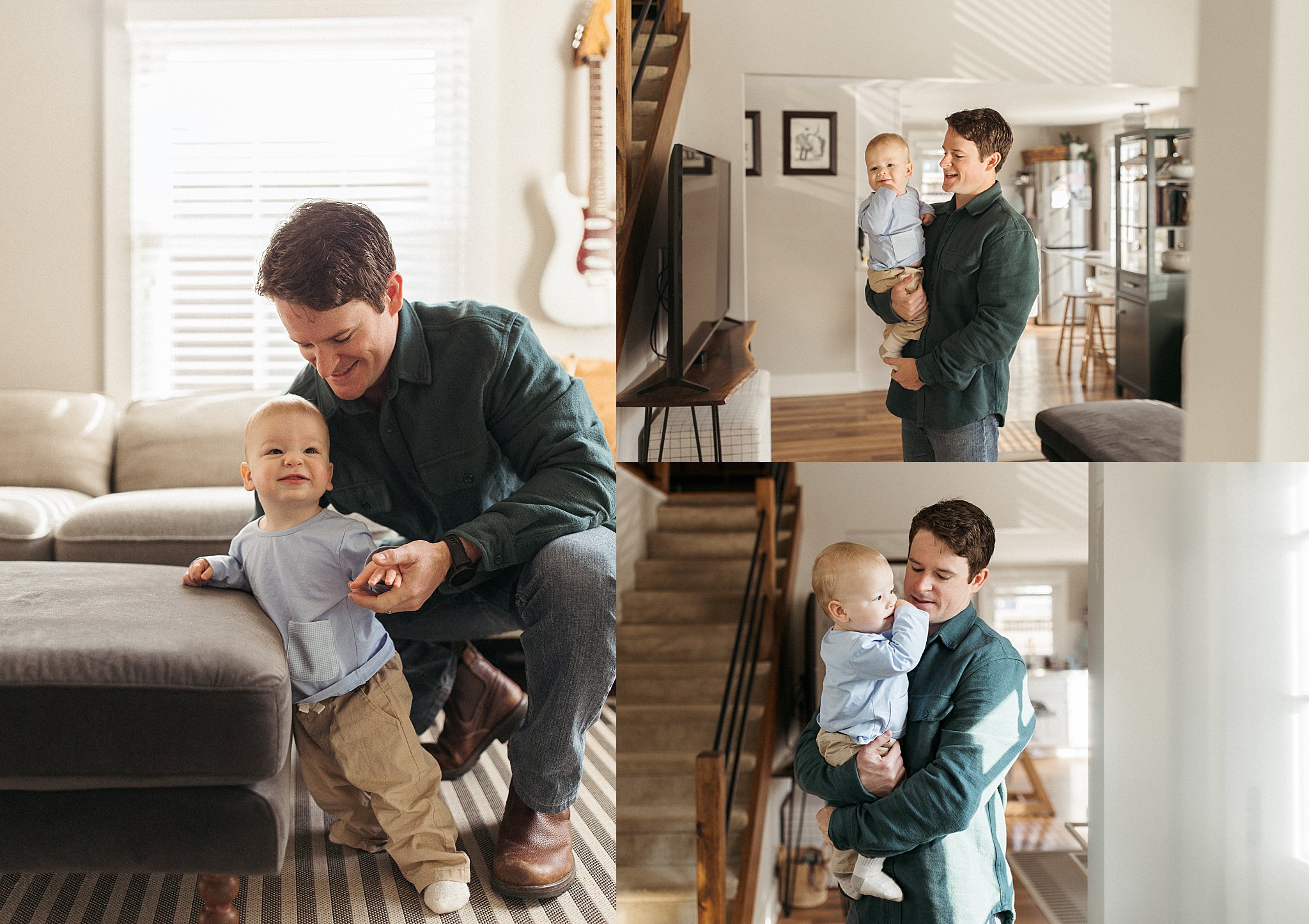 dad holds son and smiles at him by Nikki Meer Photography