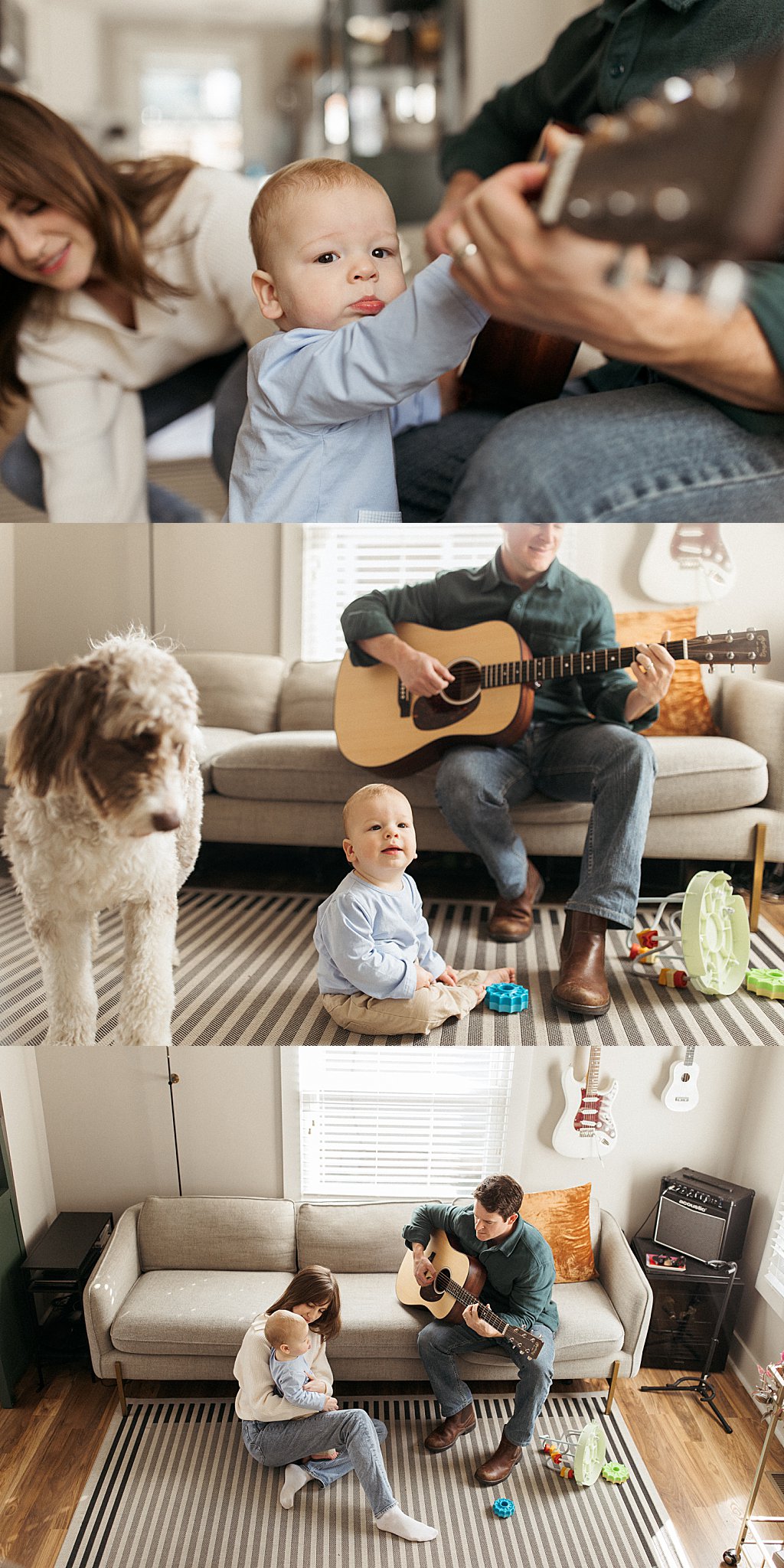 dad plays guitar as son listens and plays with toys by Nikki Meer Photography