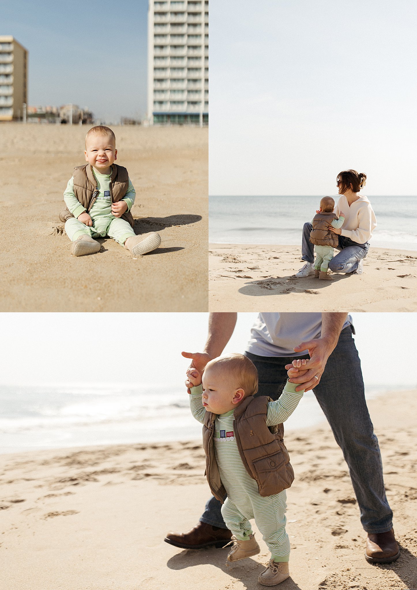 baby boy sits on sand and walks holding dad's hands at beach by Nikki Meer Photography