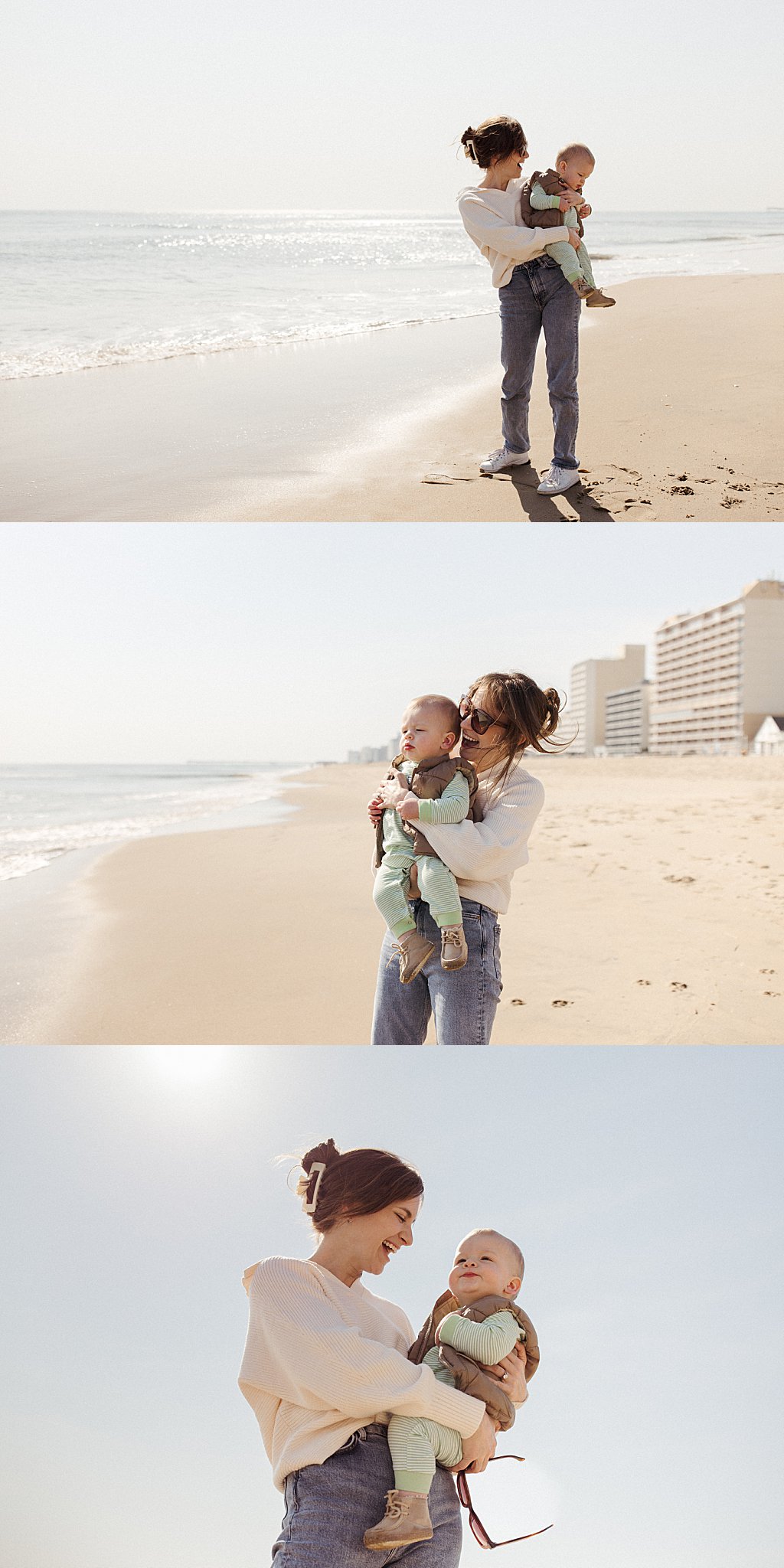 mom holds son at beach by Virginia Beach photographer