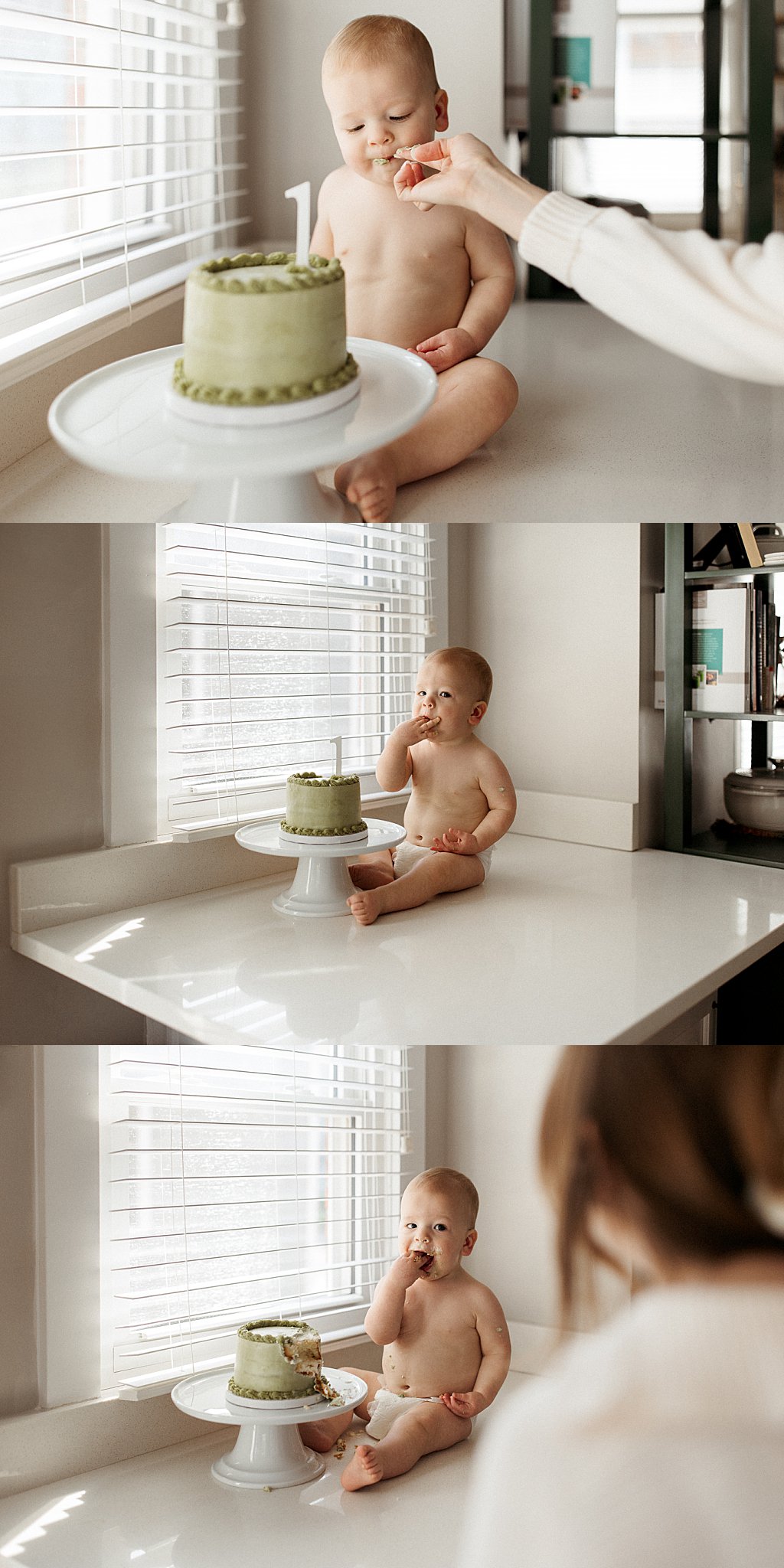 toddler licks frosting off his hands from his smash cake by Nikki Meer Photography