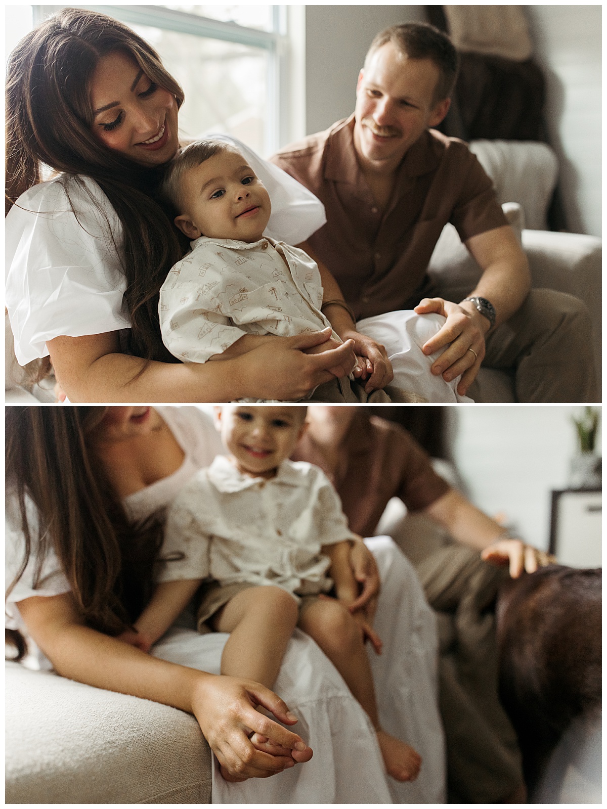 child sits in mom's lap while dad looks on by Virginia Beach photographer