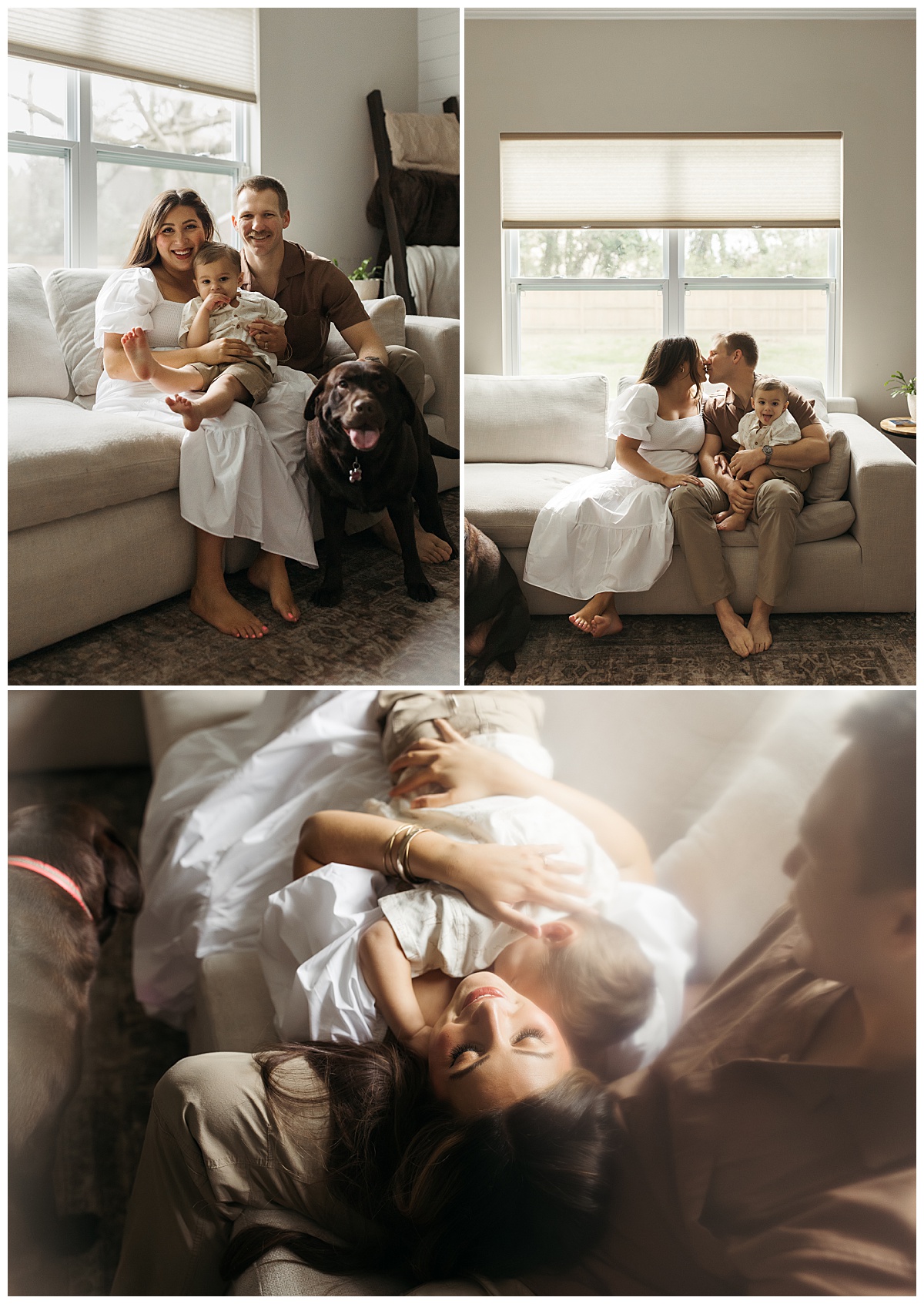 family sits together on the couch with dog by Nikki Meer Photography