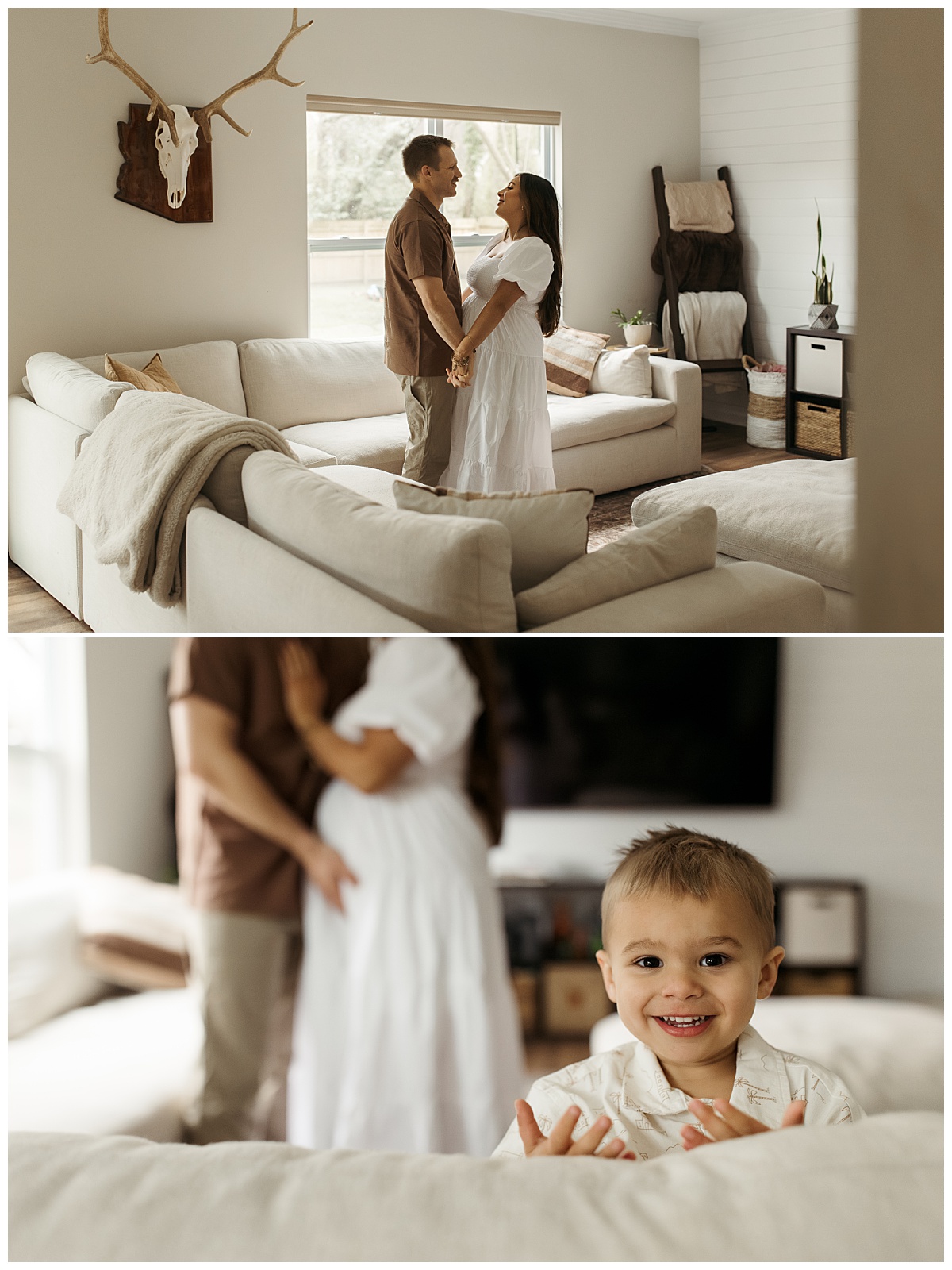 little boy smiles as his parents hug in the background by Nikki Meer Photography