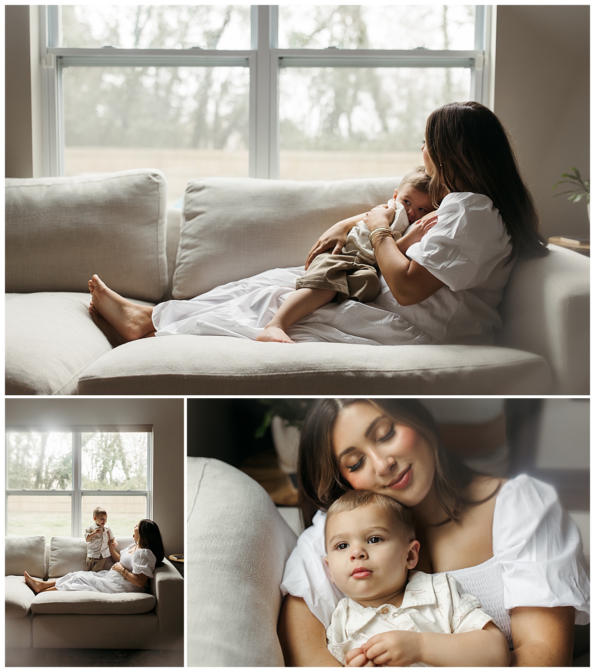 expectant woman sits on couch with son snuggled up in her lap by Virginia Beach photographer