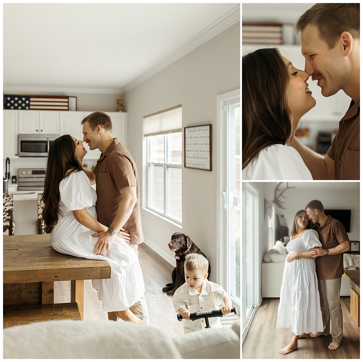 woman sits on table as man walks up to kiss her during maternity session with a busy toddler