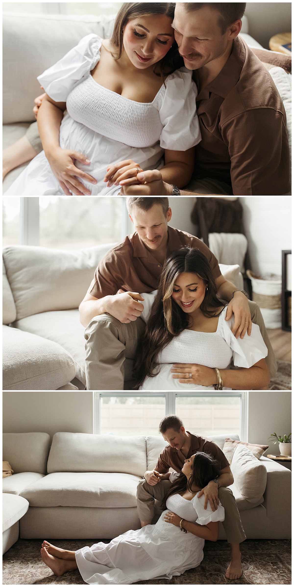 man wraps his arms around pregnant woman and looks at her ring by Virginia Beach photographer