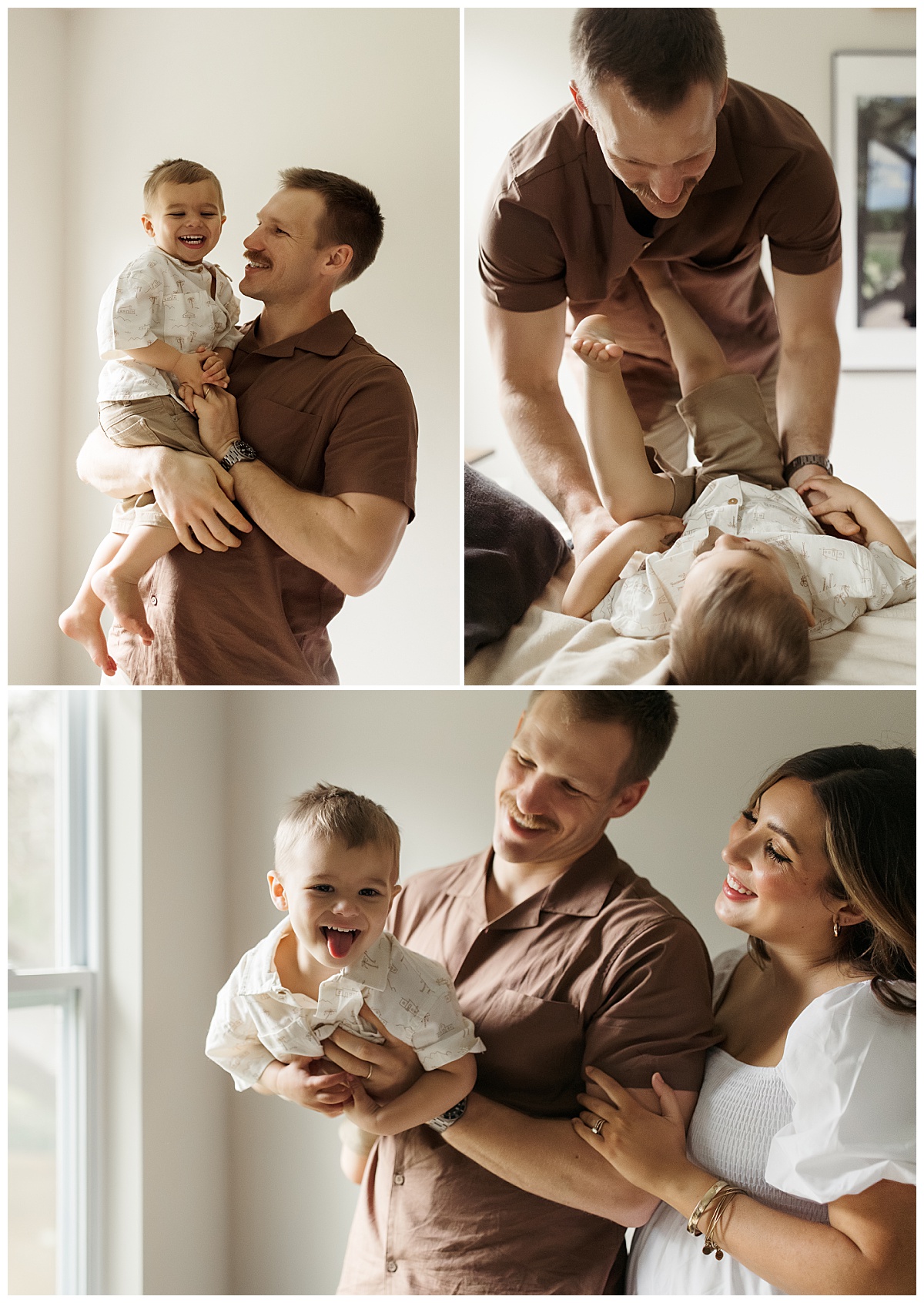 dad tickles son during maternity session with a busy toddler